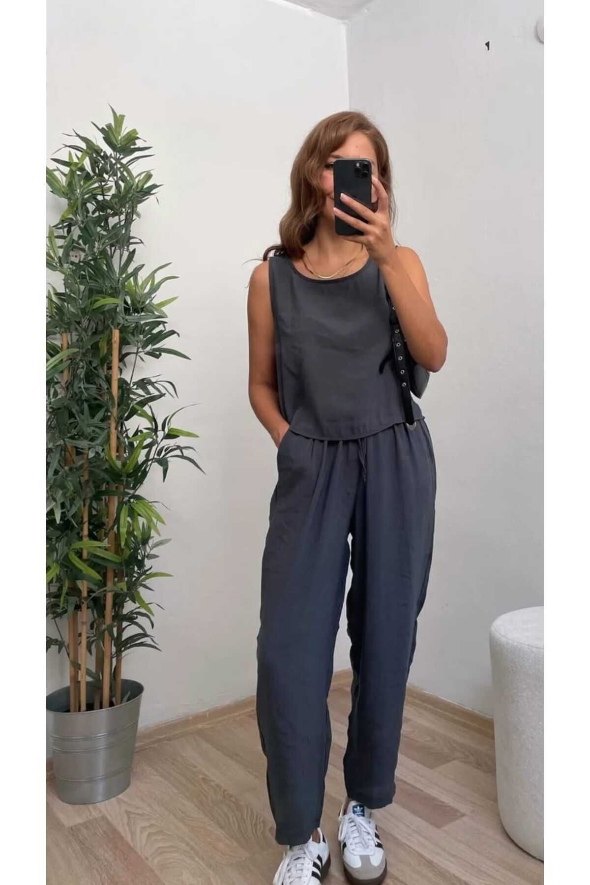 NÜANS MODA BİSİKLET YAKA SIFIR KOL BLUZ PANTOLON TNSL ALT ÜST TAKIM