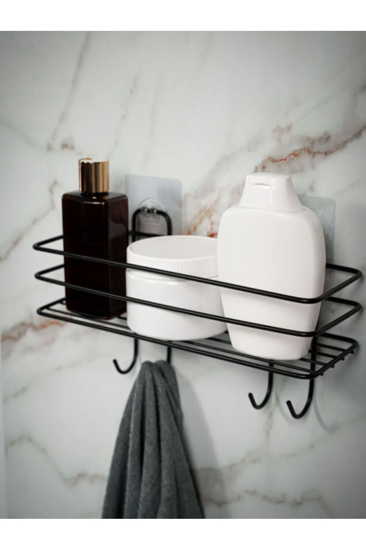 EMFAHOME Yapışkanlı Siyah Duş Rafı – 4 Kancalı Banyo Askılığı ve Şampuanlık Organizer