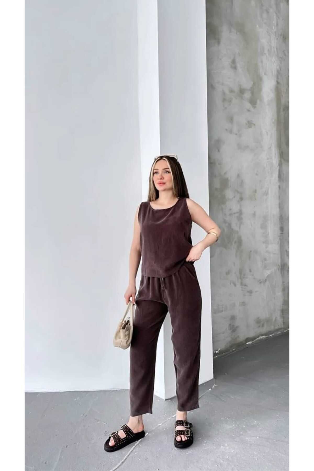 NÜANS MODA BİSİKLET YAKA SIFIR KOL BLUZ PANTOLON TNSL ALT ÜST TAKIM