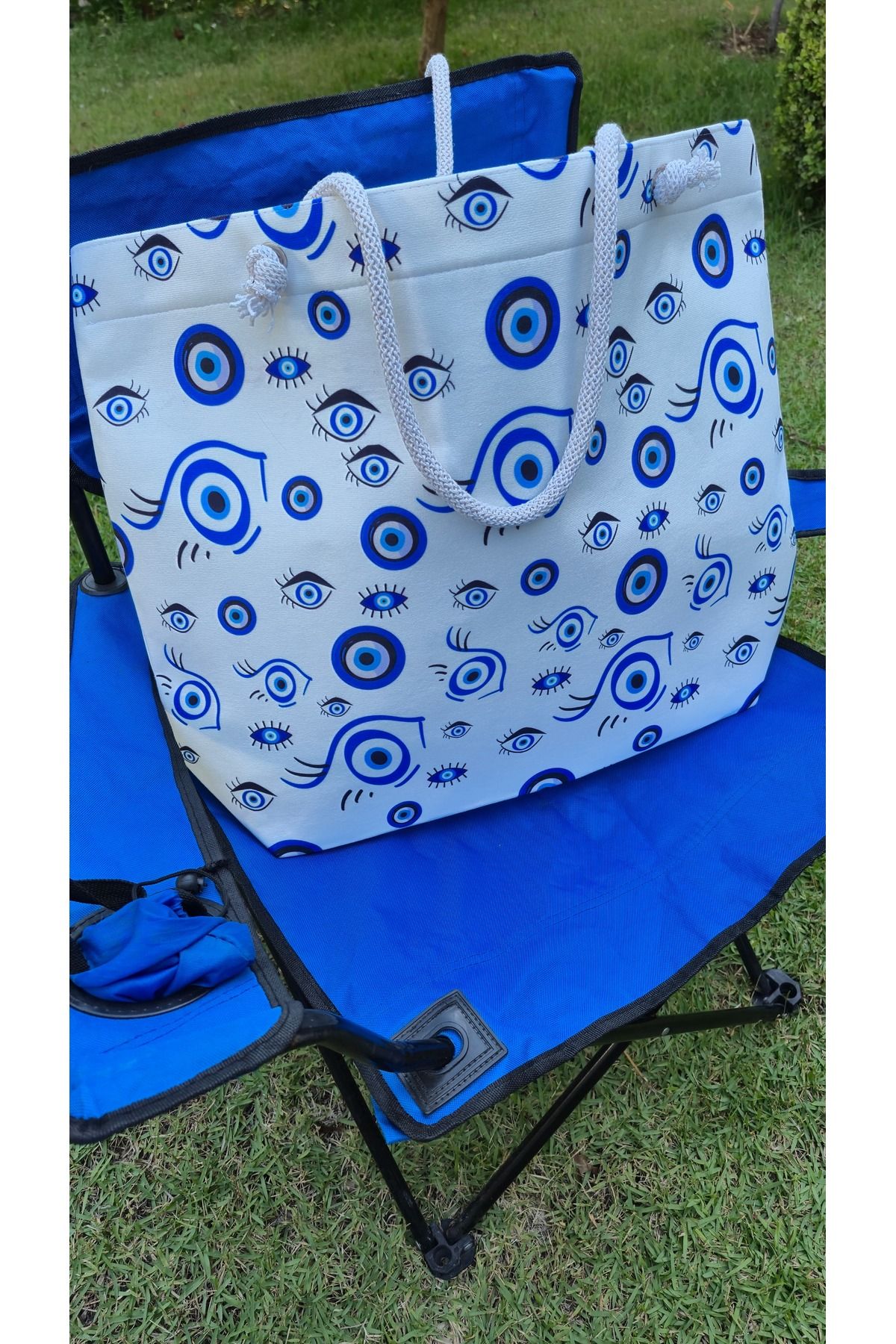 Land of Souvenir-Durable Fabric Large Beach Bag with Evil Eye 5