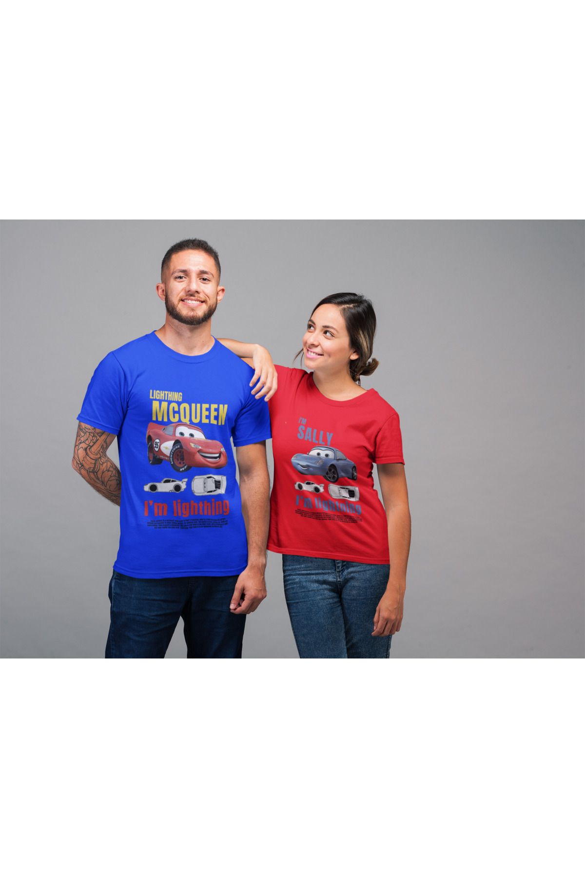 NEVERMIND Kadın Erkek Şimşek McQueen ve Sally Ön Baskılı Sevgili Çift Kombini Tasarım Oversize Tshirt 2'li