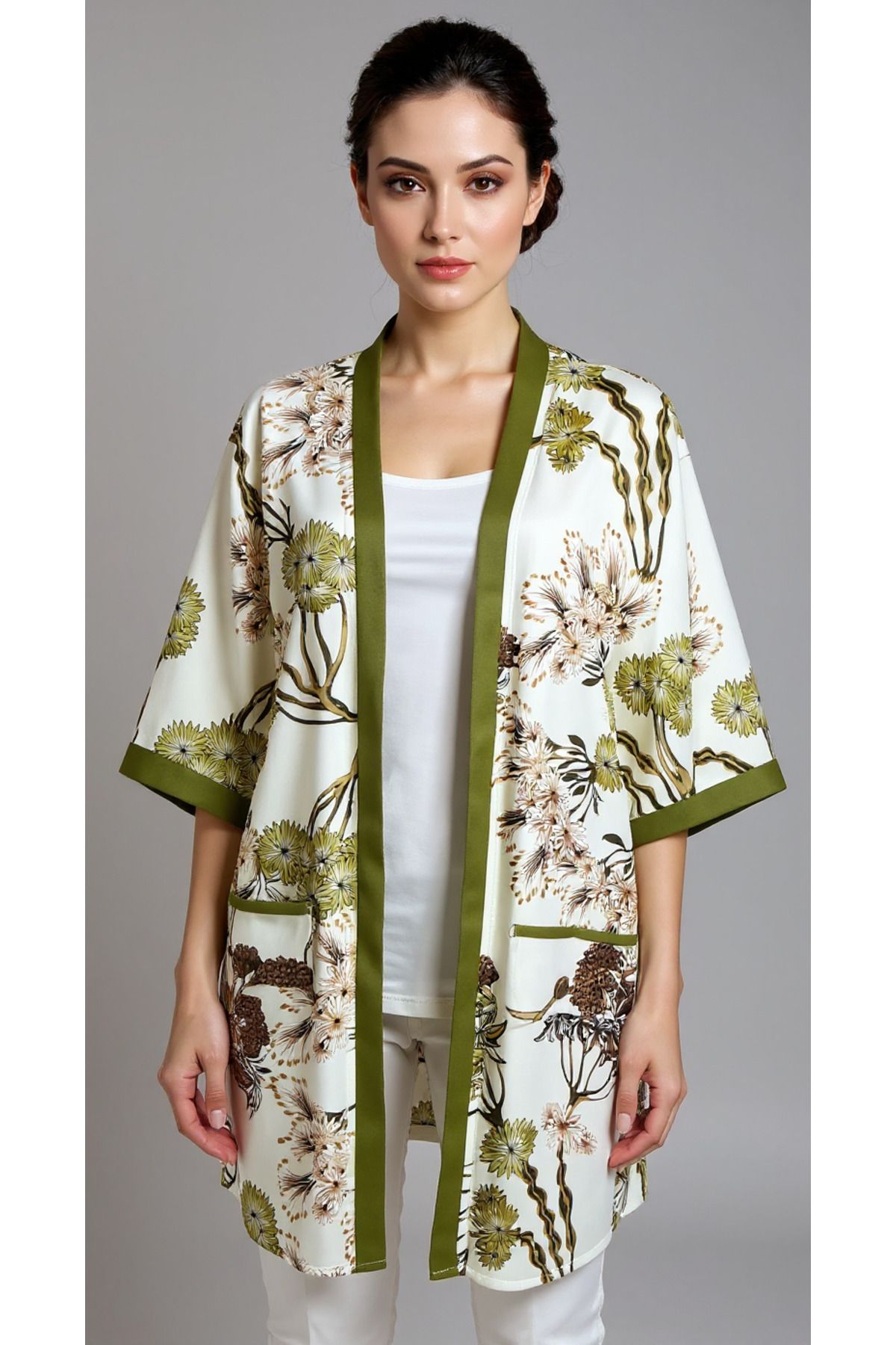 LİM Anne Takımı - Kimono - Desenli Şal Yaka Oversize Midi