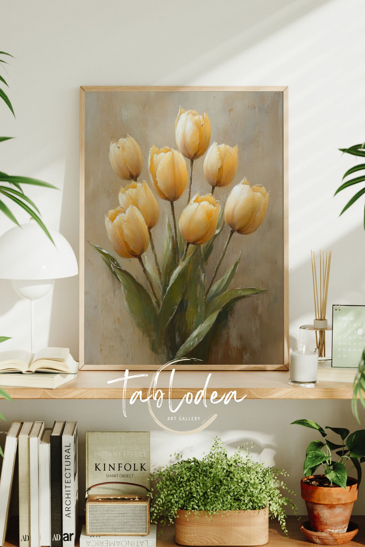 tablodea Vintage Çiçekli Çerçeveli Poster Tablo Soft Modern Dekoratif Minimalist Laleli Çiçekli Duvar Tablosu