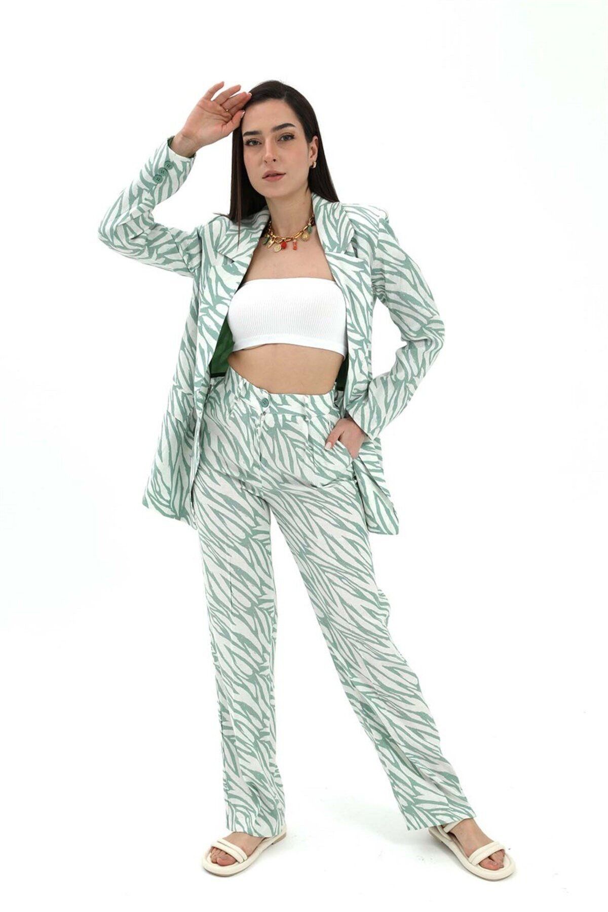 NOSTALJİX Zebra Desen Yüksek Bel Keten Pantolon - Mint Yeşili