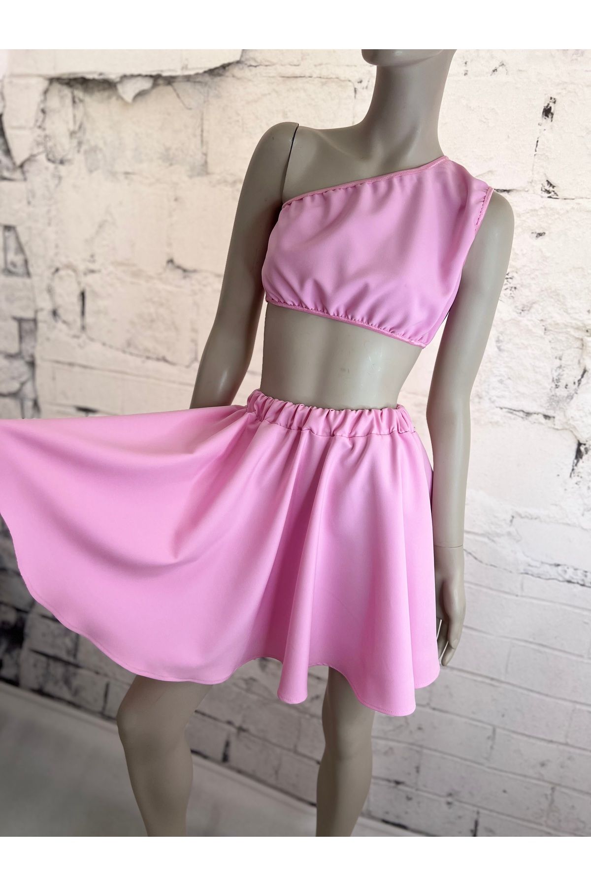 NA ADDESIGN Pembe etek crop takım, pembe kloş etek takım