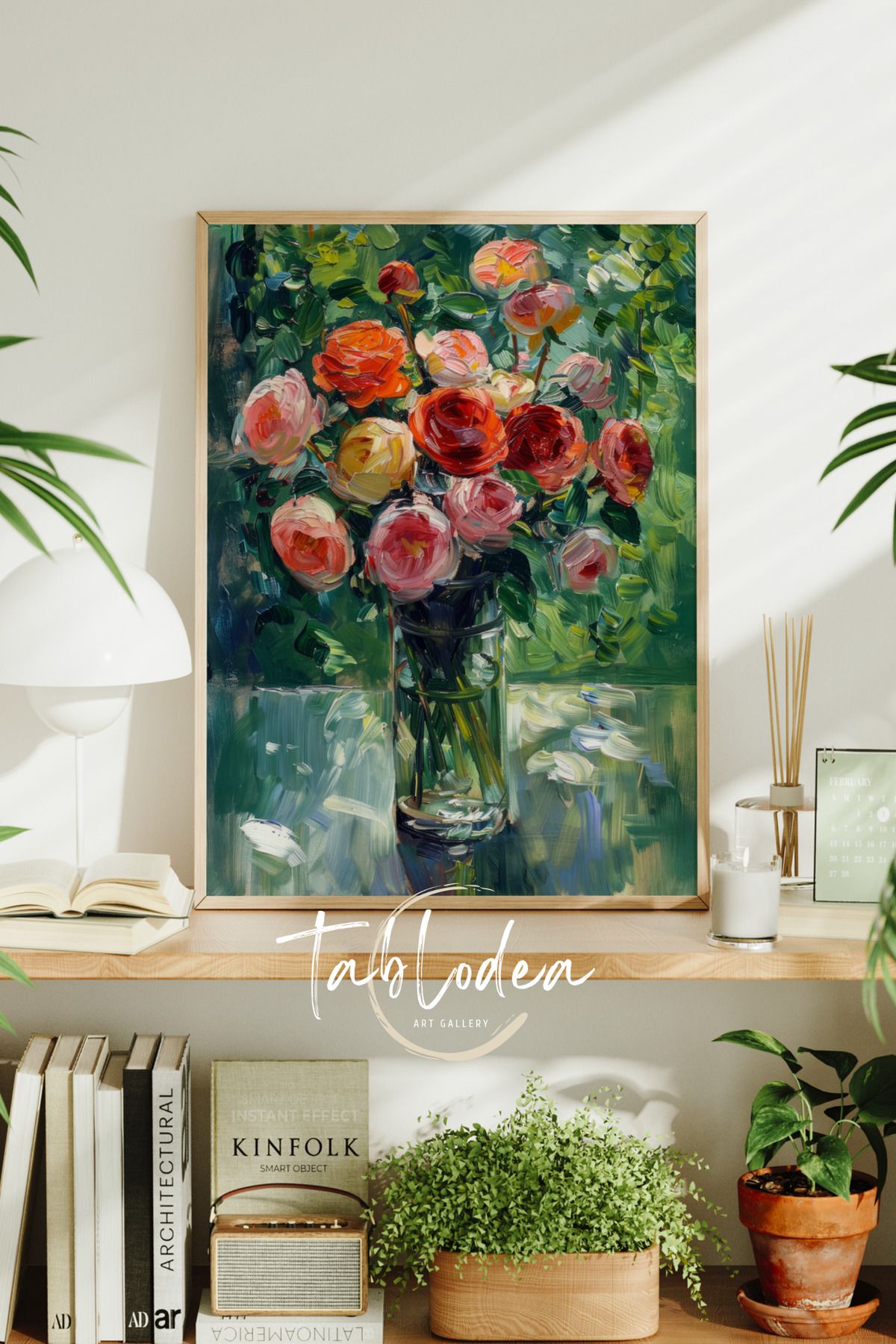 tablodea Vintage Renkli Gül Buketi Çerçeveli Poster Tablo, Modern Dekoratif Minimalist Çiçekli Duvar Tablosu