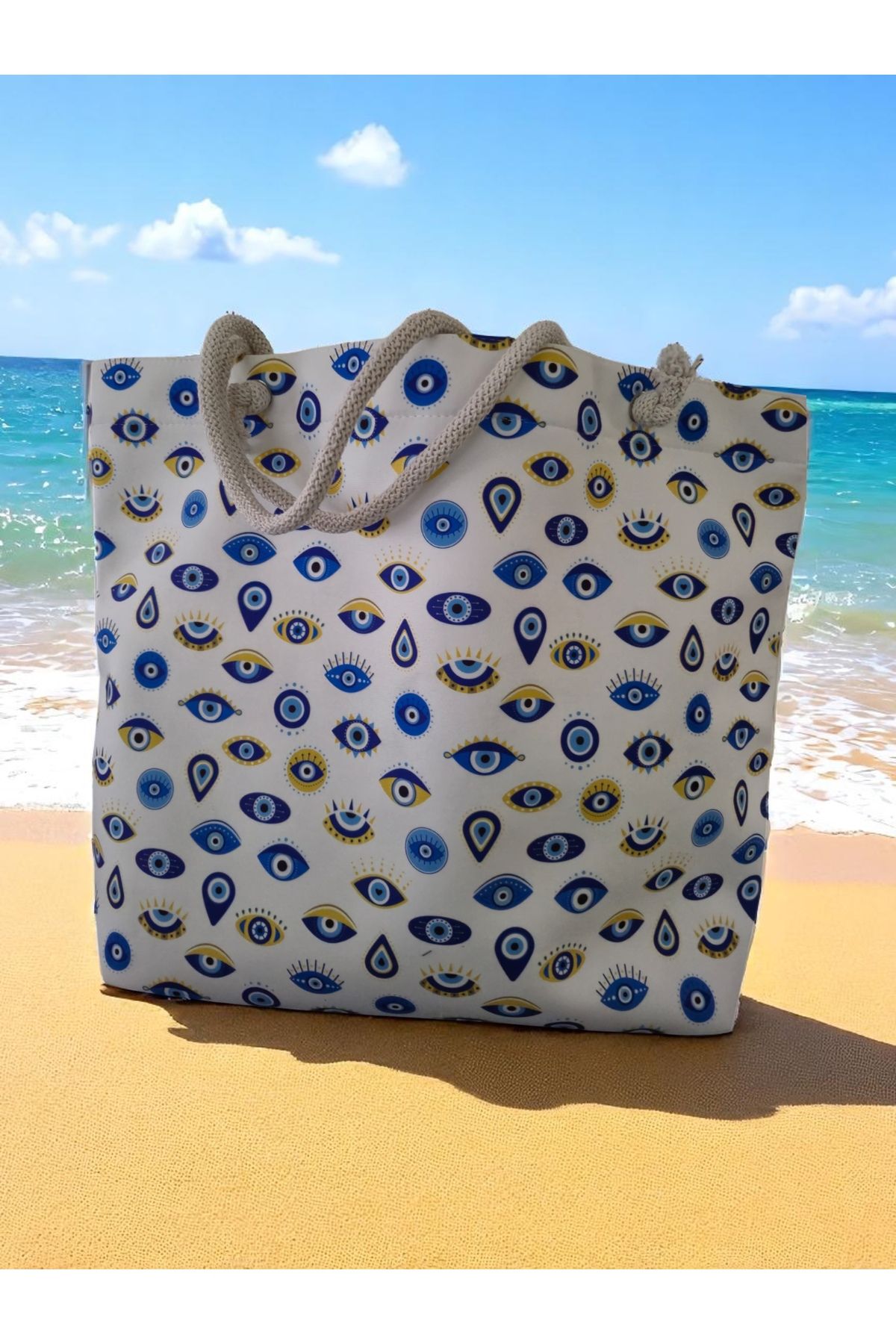 Land of Souvenir-Durable Fabric Large Beach Bag with Evil Eye 3