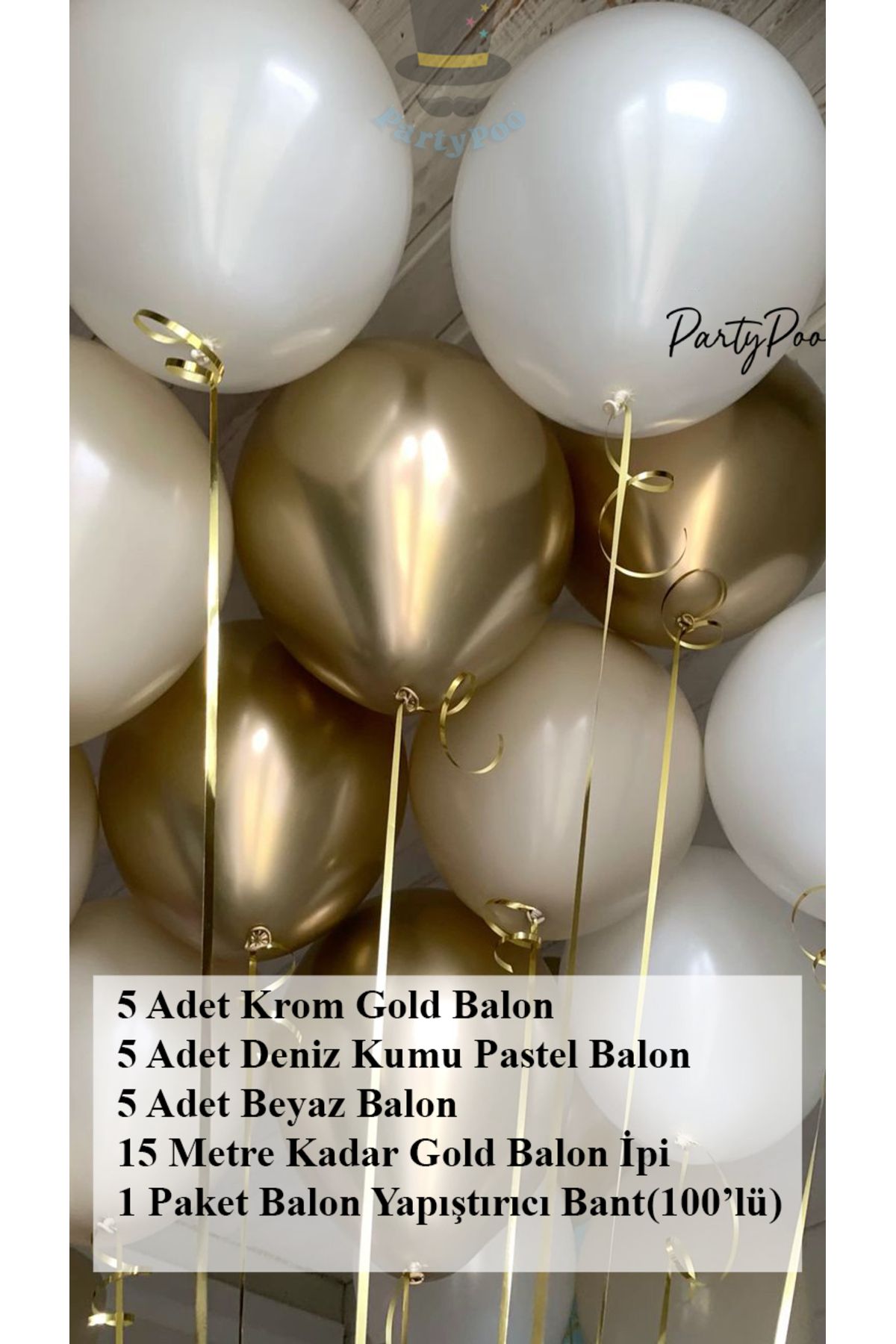 PartyPoo Bride to Be 5 Krom Gold 5 Deniz Kumu 5 Beyaz Balon Seti – Bekarlığa Veda ve Parti Süsleri
