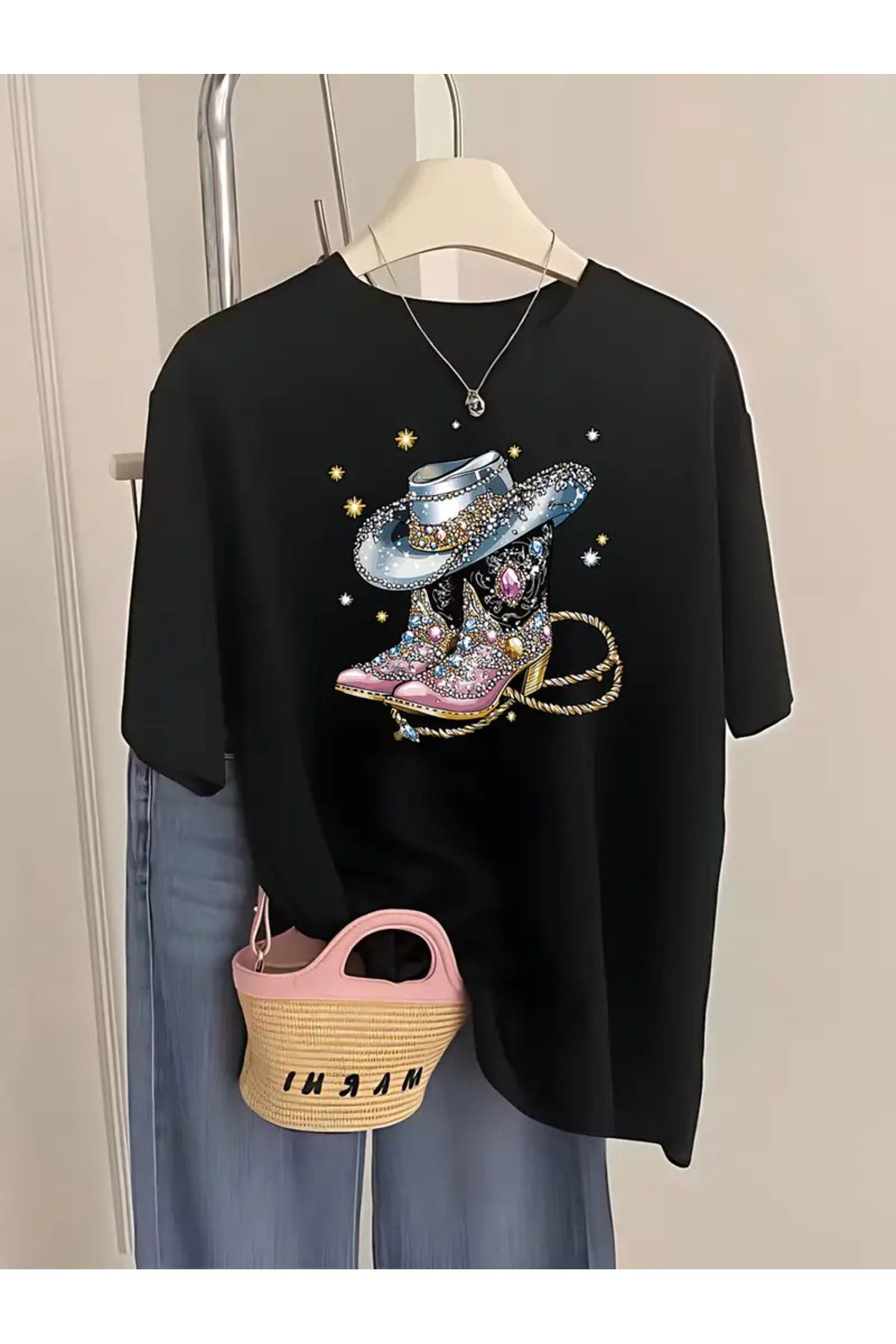 CLASİVA Şapkalı Çizme Baskılı Oversize Bisiklet Yaka T-shirt