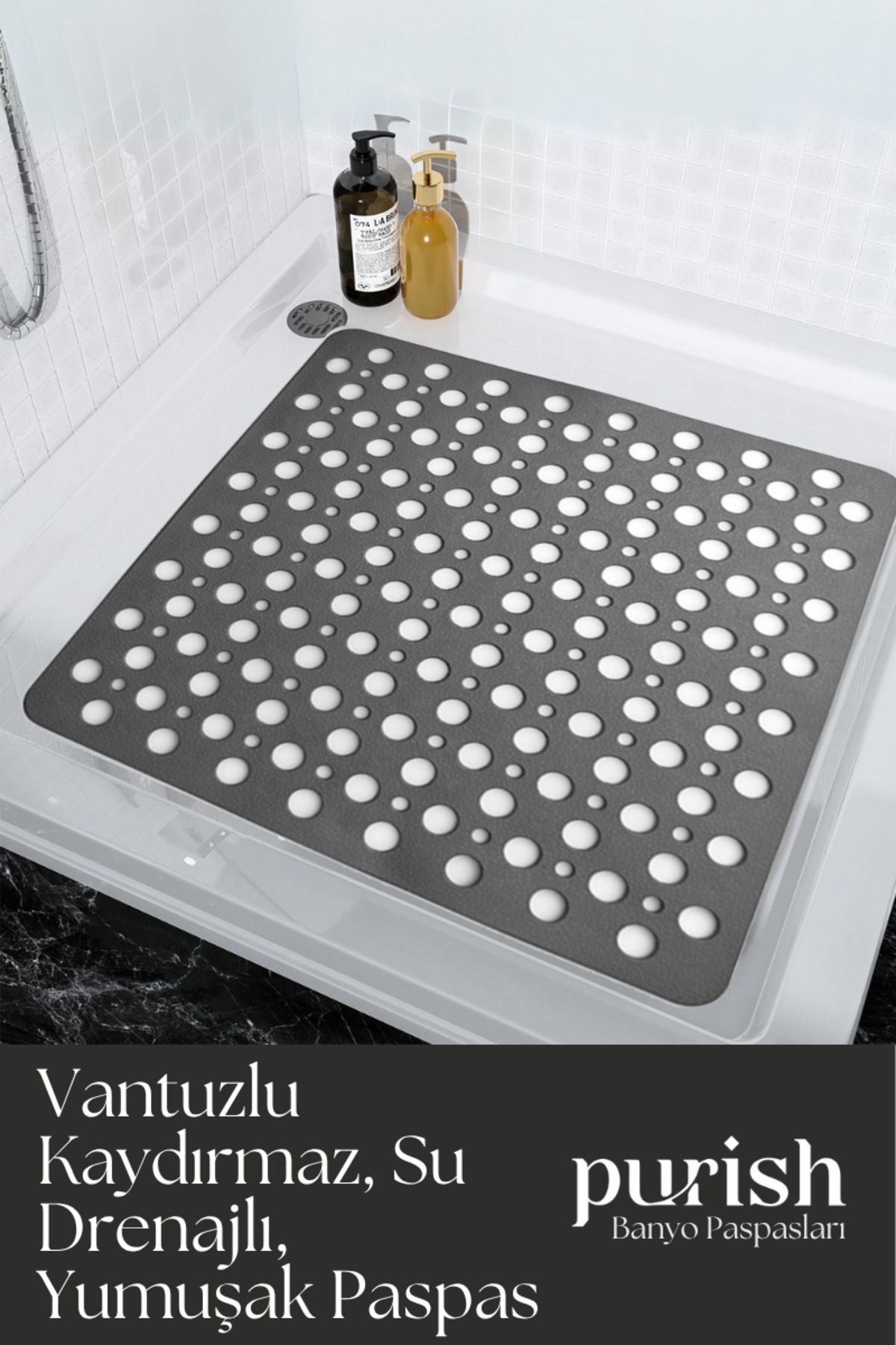 Purish | Banyo Duş Küvet Için Vantuzlu Kaydırmaz, Su Drenajlı, Yumuşak Paspas - Antrasit Gri - 54x54 cm