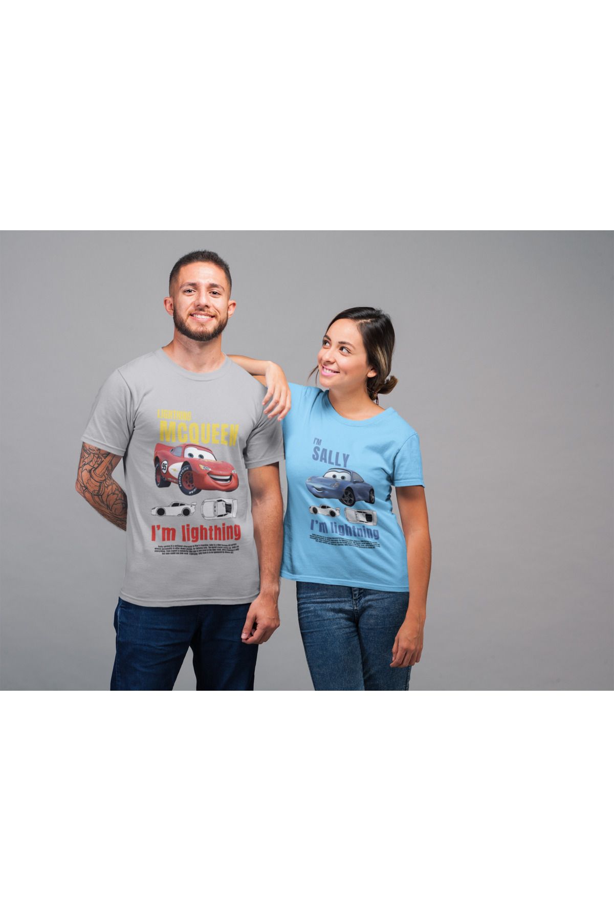 NEVERMIND Kadın Erkek Şimşek McQueen ve Sally Ön Baskılı Sevgili Çift Kombini Tasarım Oversize Tshirt 2'li