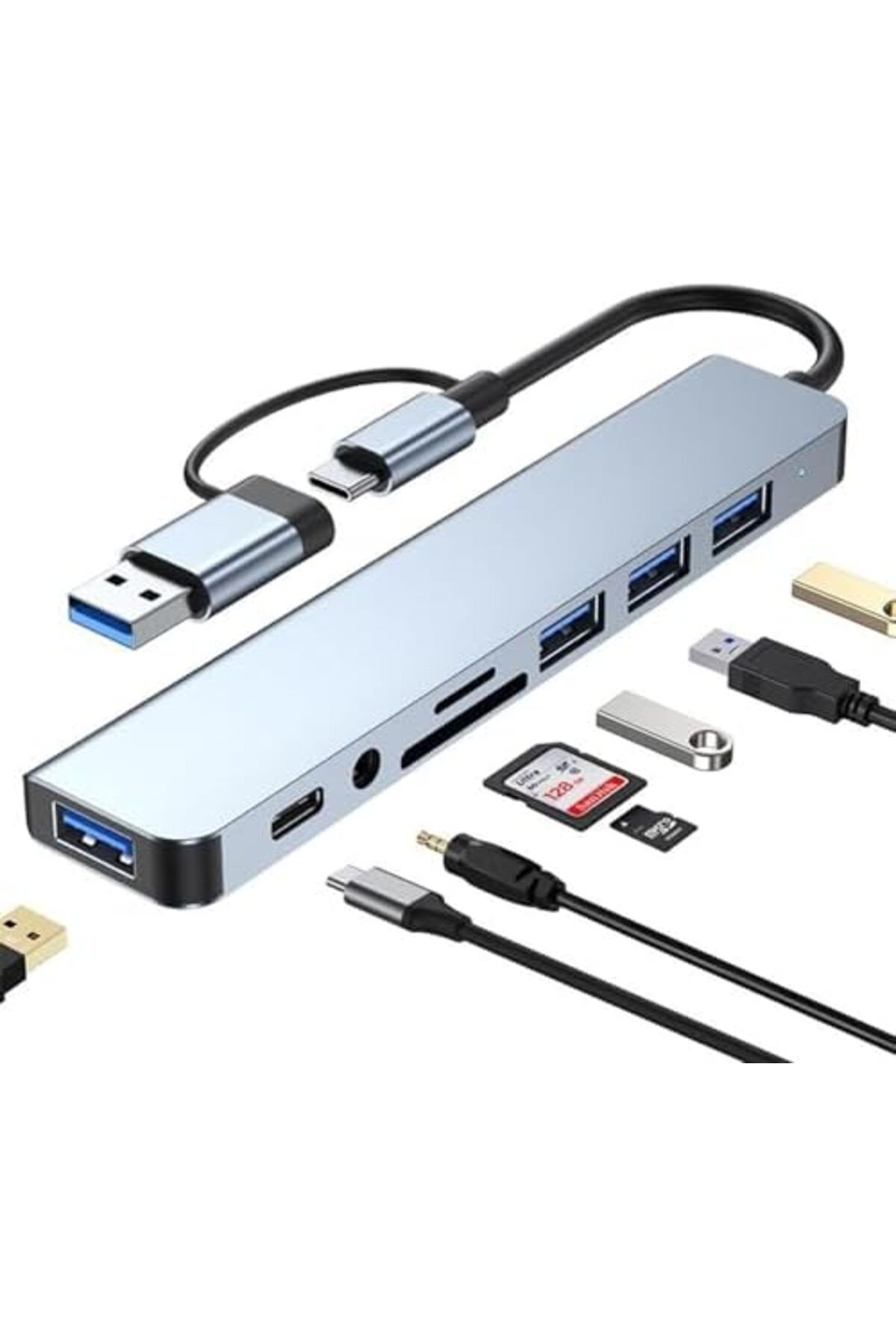 Generic-USB Splitter 8-in-1, USB C Hub, USB Extender with 4 USB Port 1 USBC Jack TF/SD Card Reader 2