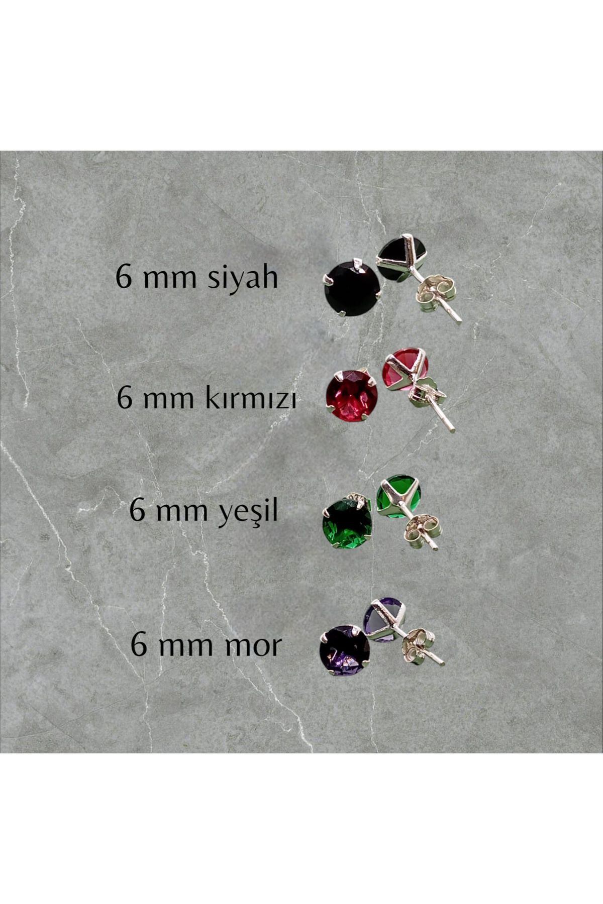 Kjewelry 925 Ayar Gümüş ( 6mm ) Zirkon Tektaş Renkli Yuvarlak Küpe ( 1 Çift )