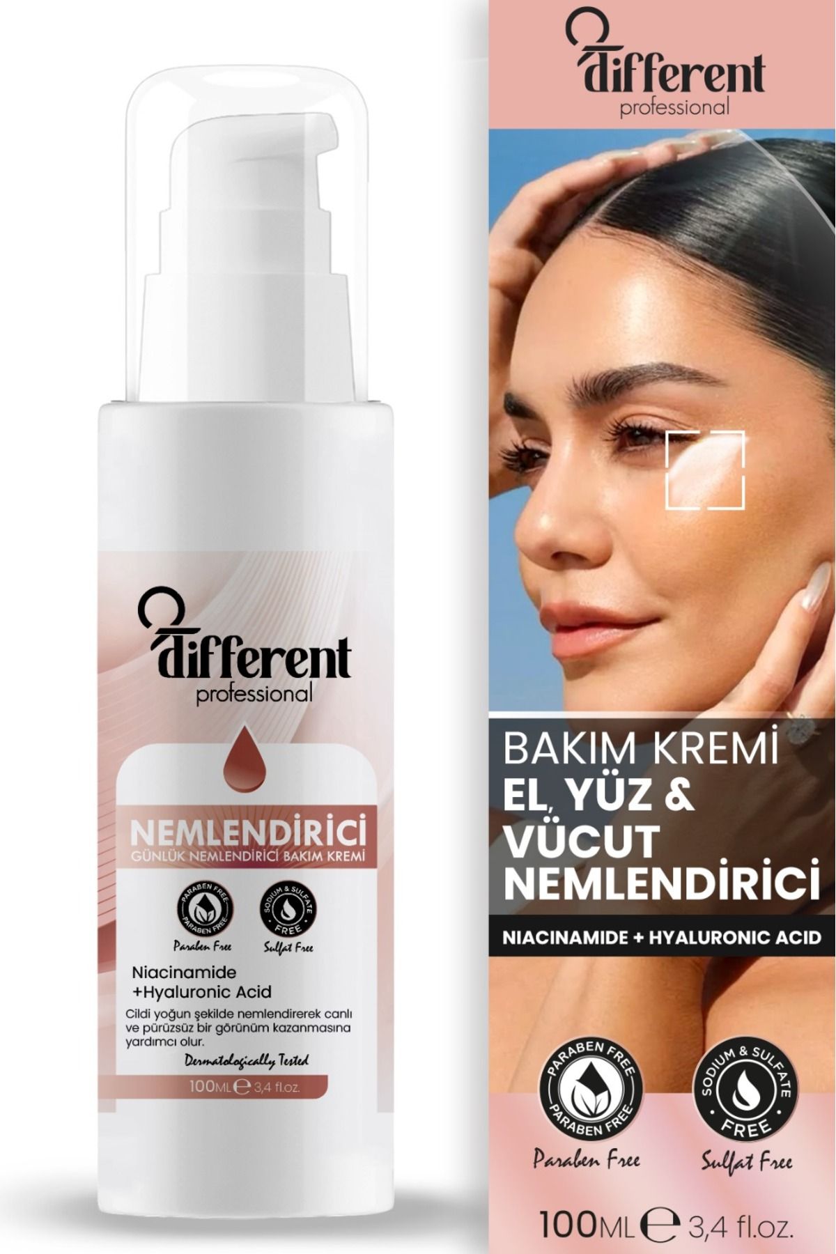 DİFFERENT PROFESİONAL Yoğun Nemlendirici El, Yüz, Vücut Bakım Kremi Su Bazlı Yağlı His Bırakmaz 100ml