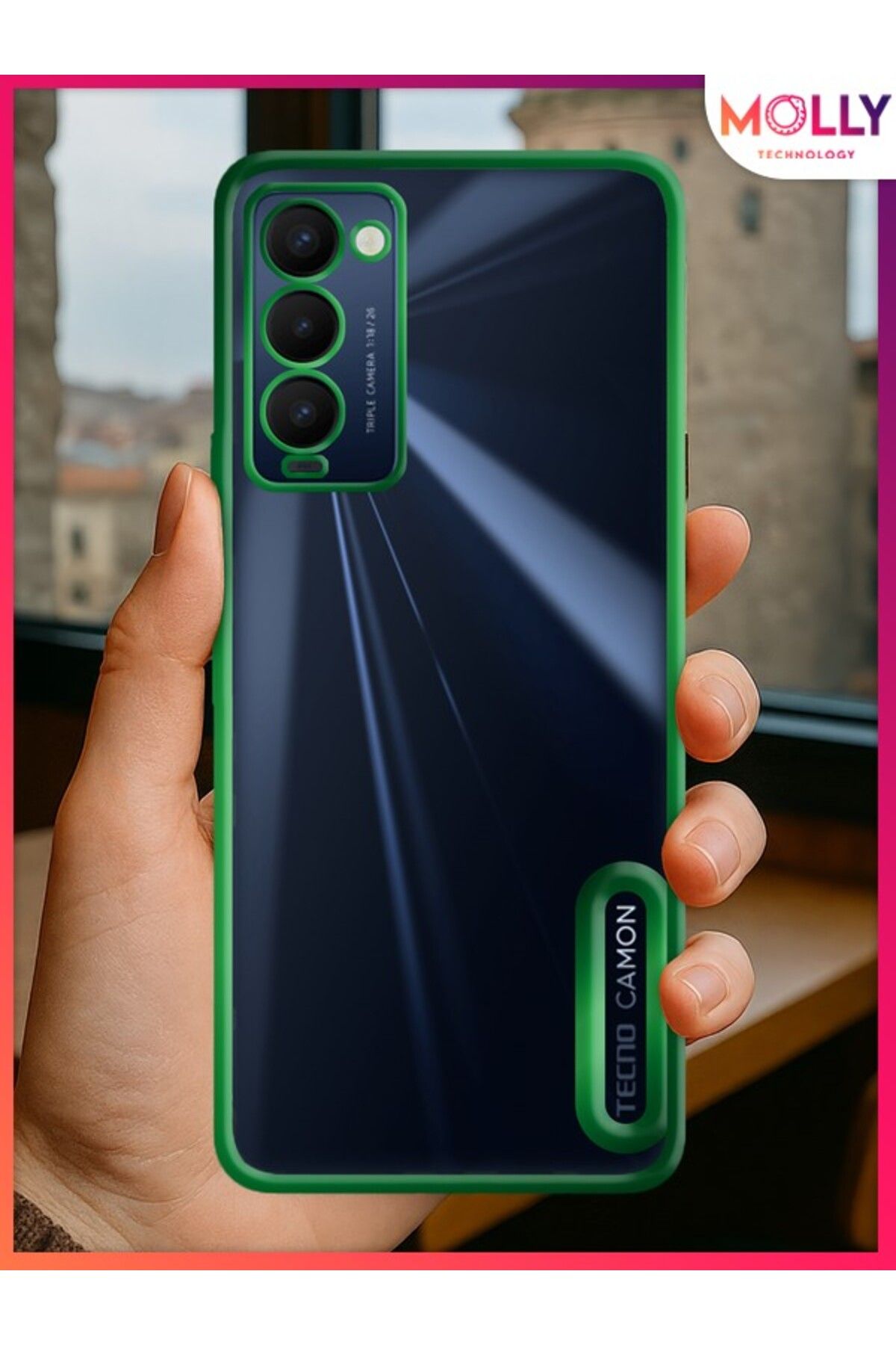Molly TECNO CAMON 18 İçin Kenarları Zehir Yeşili Lens Koruyuculu Lou Lazer Şeffaf Silikon Kılıf