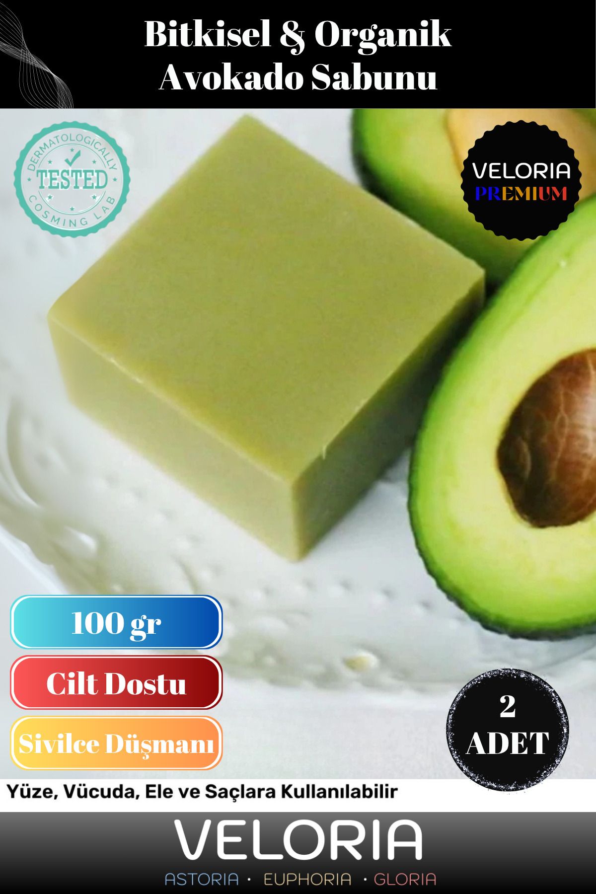 Veloria Premium Seri %100 Doğal Organik Yüz Saç Vücut Cilt Dengeleyici Kolajen Etkili Avokado Sabunu 2 Adet