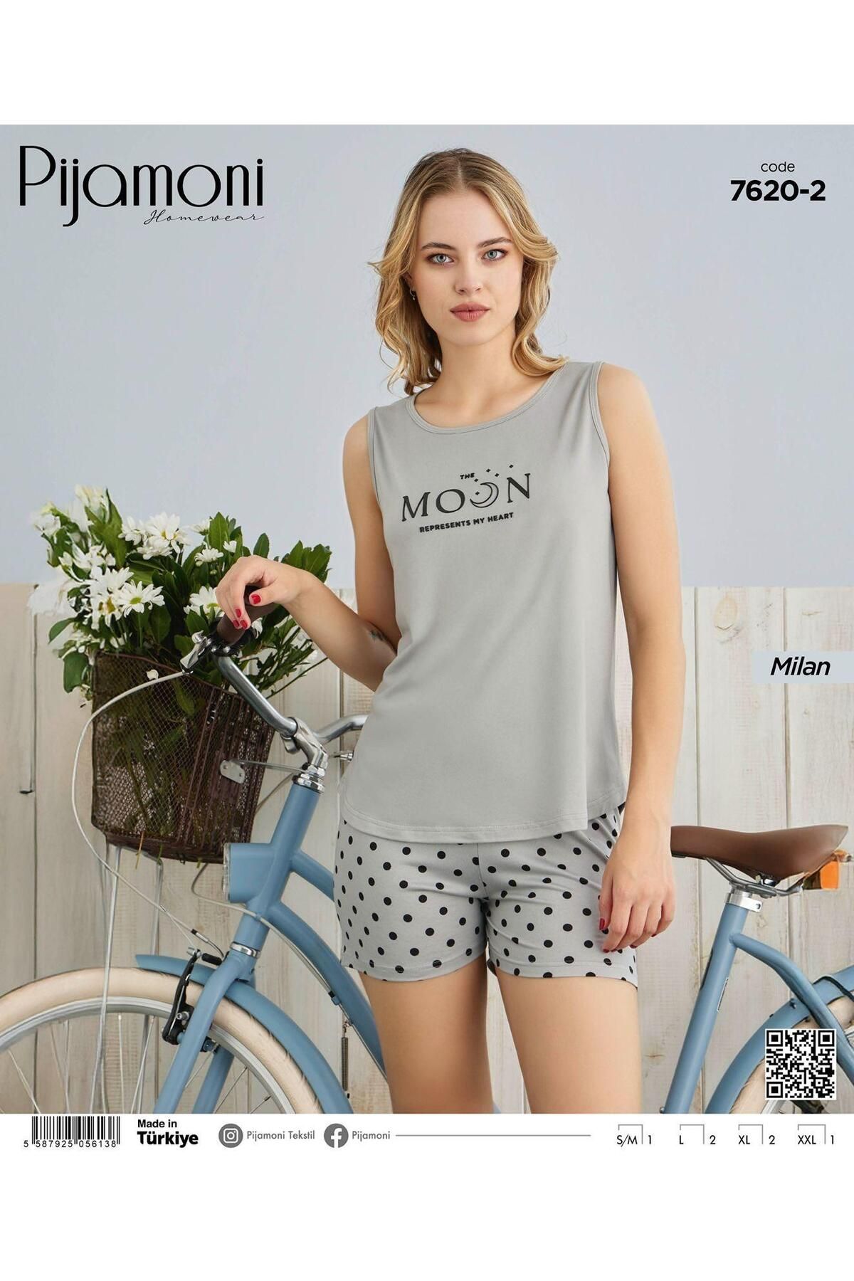 Pijamoni Gümüş Renkli Bambu Milan Kumaş Askılı Şortlu Kadın Pijama Takımı