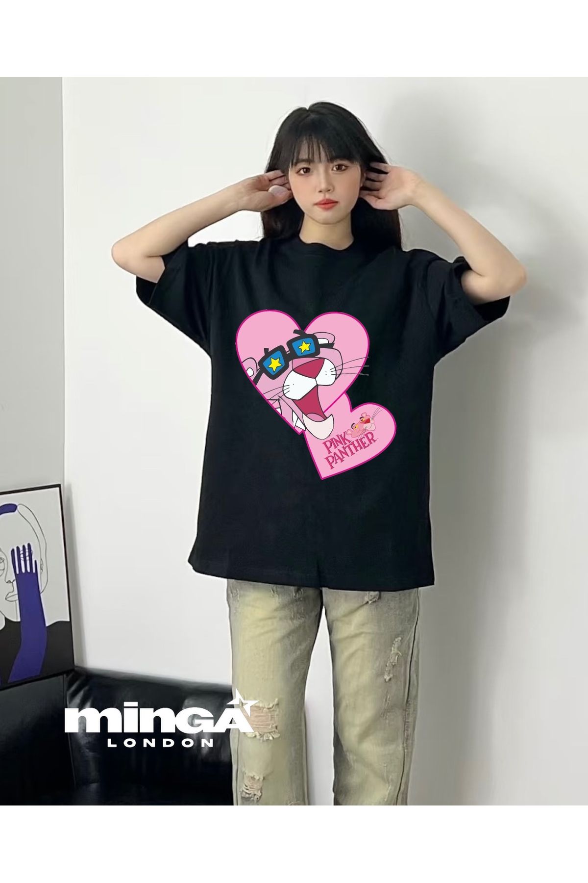 Minga London Pink Animal Cartoon Baskılı Siyah Oversize Tshirt- Minga London