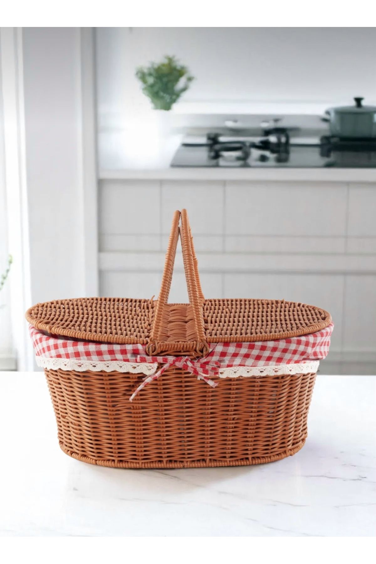 CEZVE HOME Oval Rattan Piknik Sepeti – Kapaklı, Kulplu, Ekoseli Kumaşlı, Şık Ve Dekoratif Tasarım