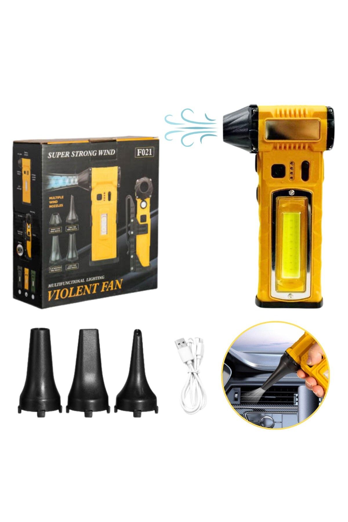 MODELPAZAR Şarjlı Mini Jet Turbo Fan Araç Kurutucu Led Işık Çakar İkaz Devir Ayarlı Mangal Üfleme Klavye Temizl
