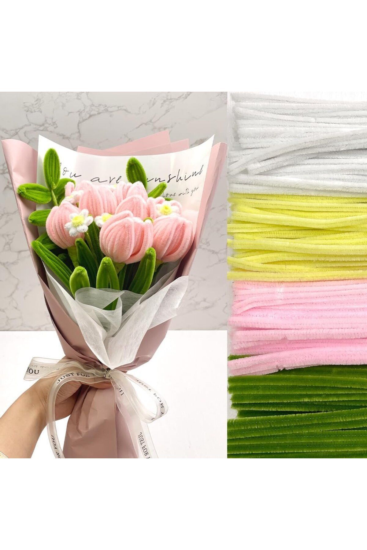 Hobialem 100 Adet Sarı, Pembe, Beyaz, Koyu Yeşil Renkli Şönil , Çiçek Yapım Seti, Tüylü Tel, 30 Cm, Peluş Te