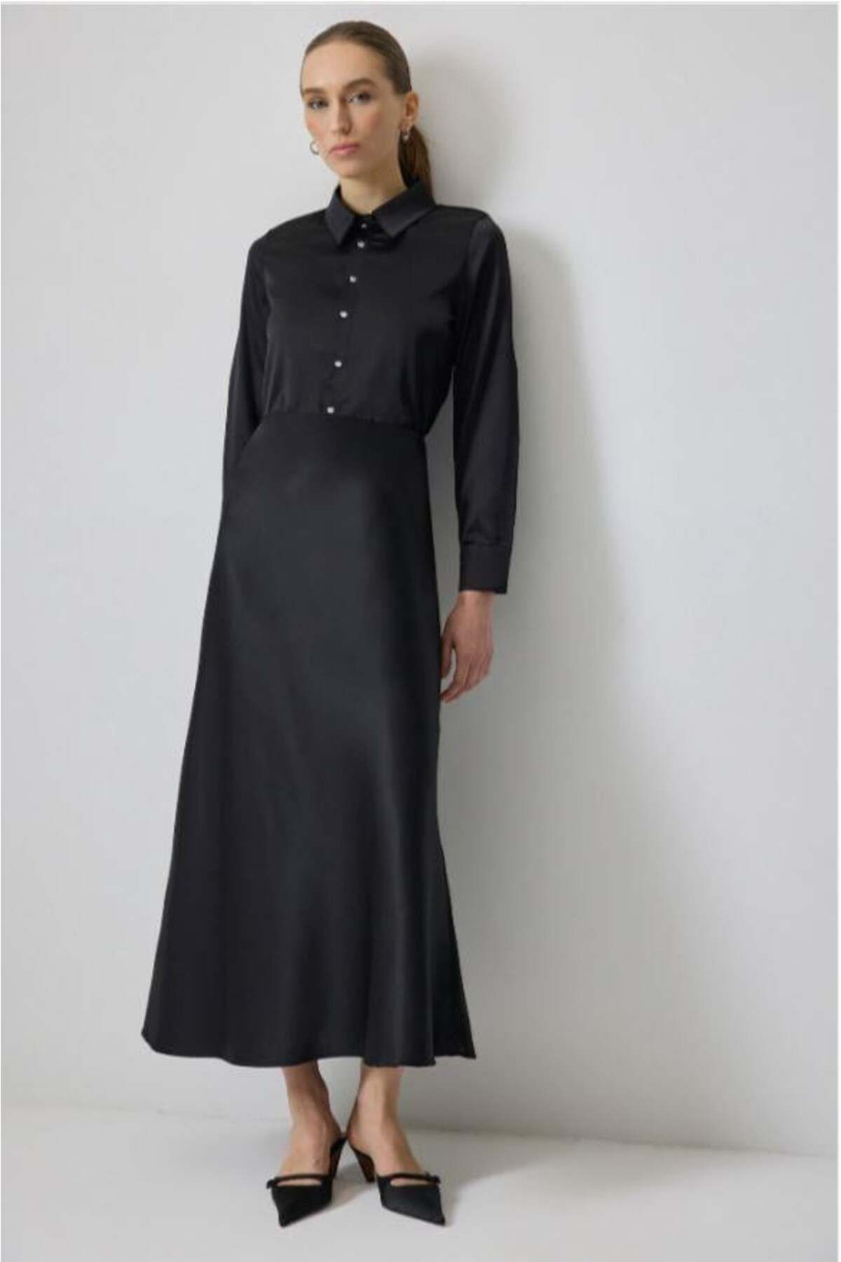 Touche Çıtçıtlı Saten Gömlek Body Siyah