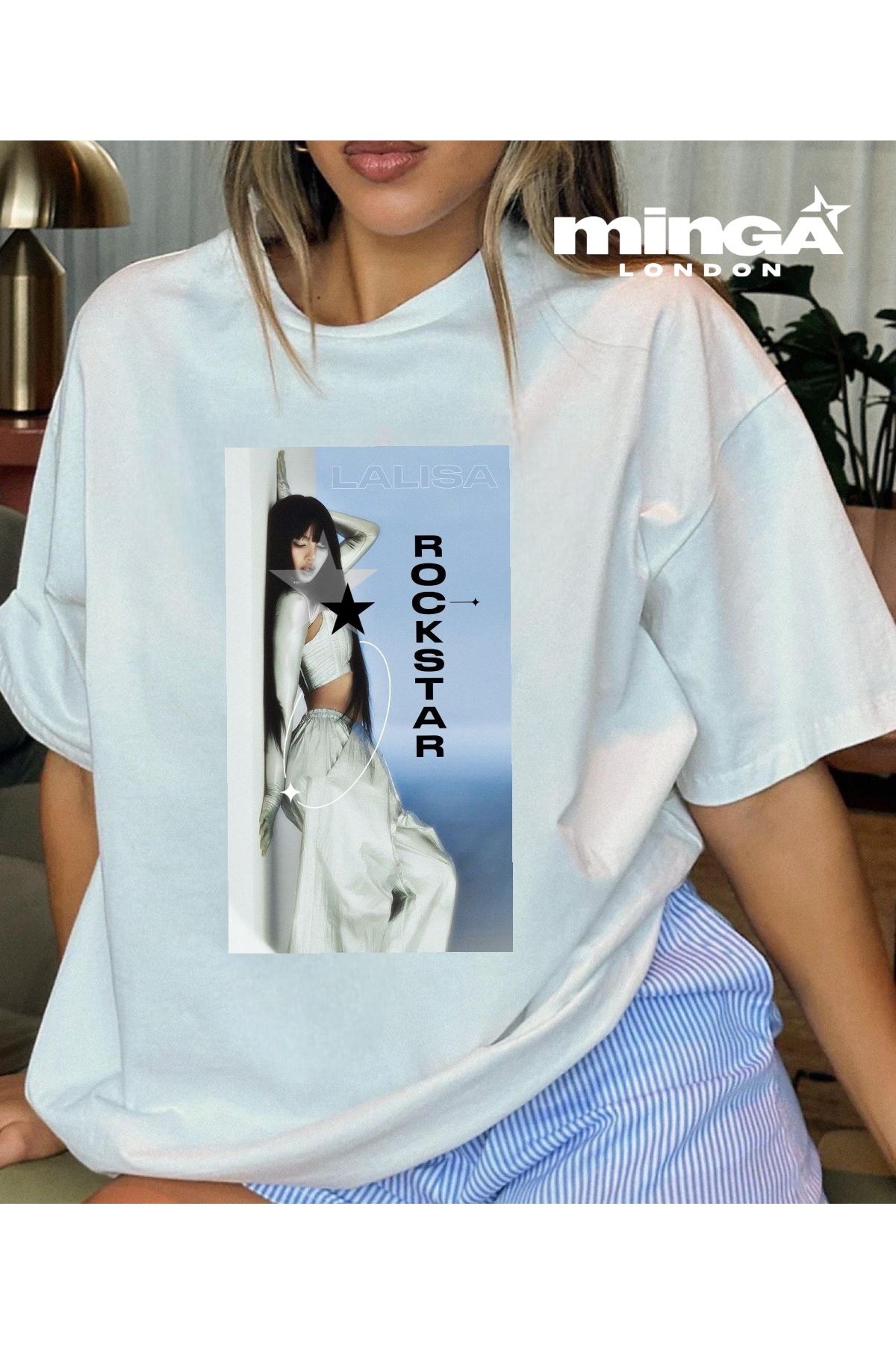 Minga London LaLisa Rockstar Baskılı Beyaz Oversize Tshirt- Minga London