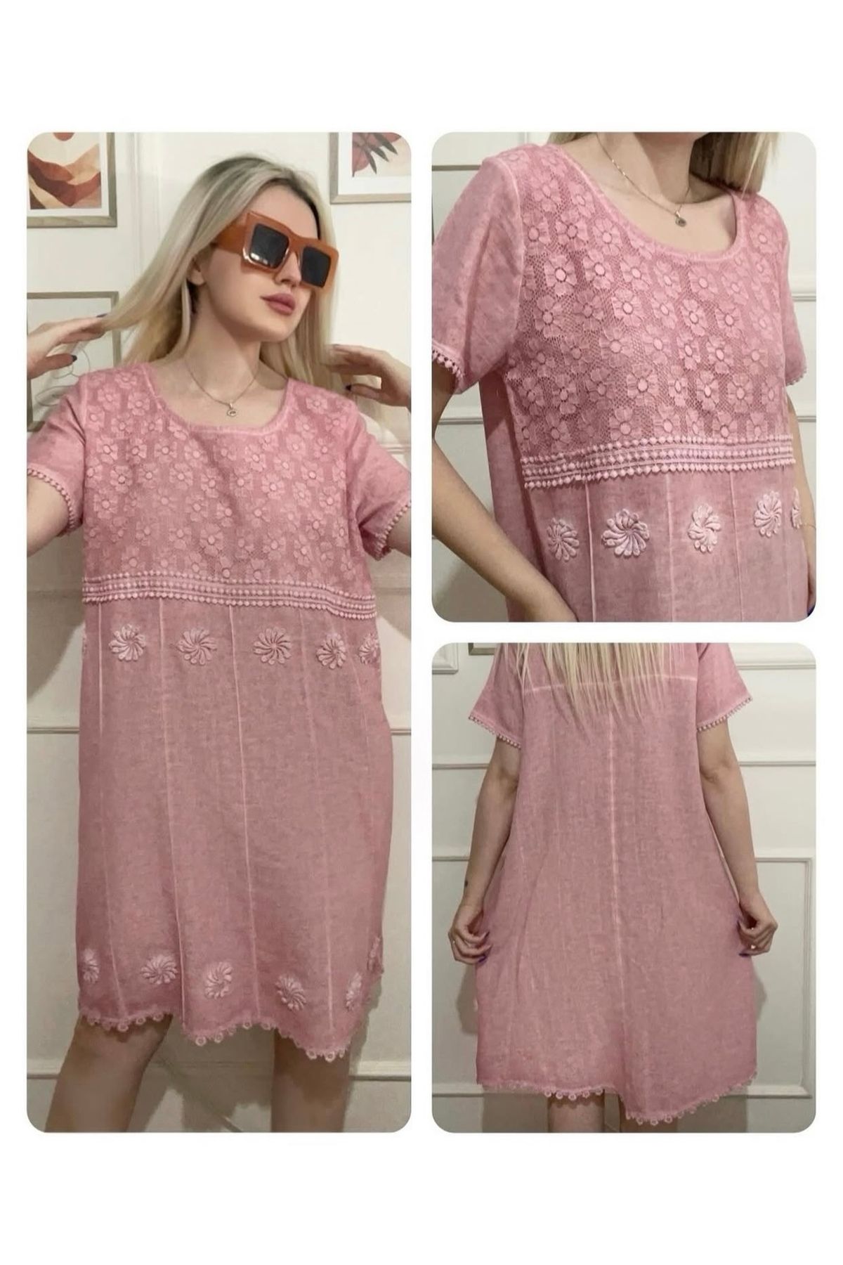 Butik Kadın kısa keten pamuklu çiçek ve dantel güpür detaylı büyük beden yazlık kısa kol elbise