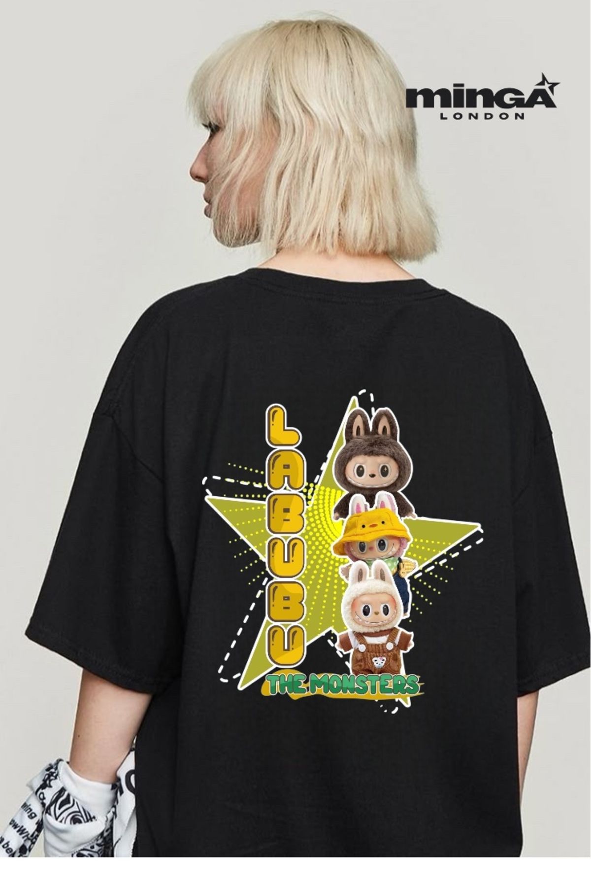 Minga London Labubu Star Sırt Baskılı Siyah Oversize Tshirt- Minga London