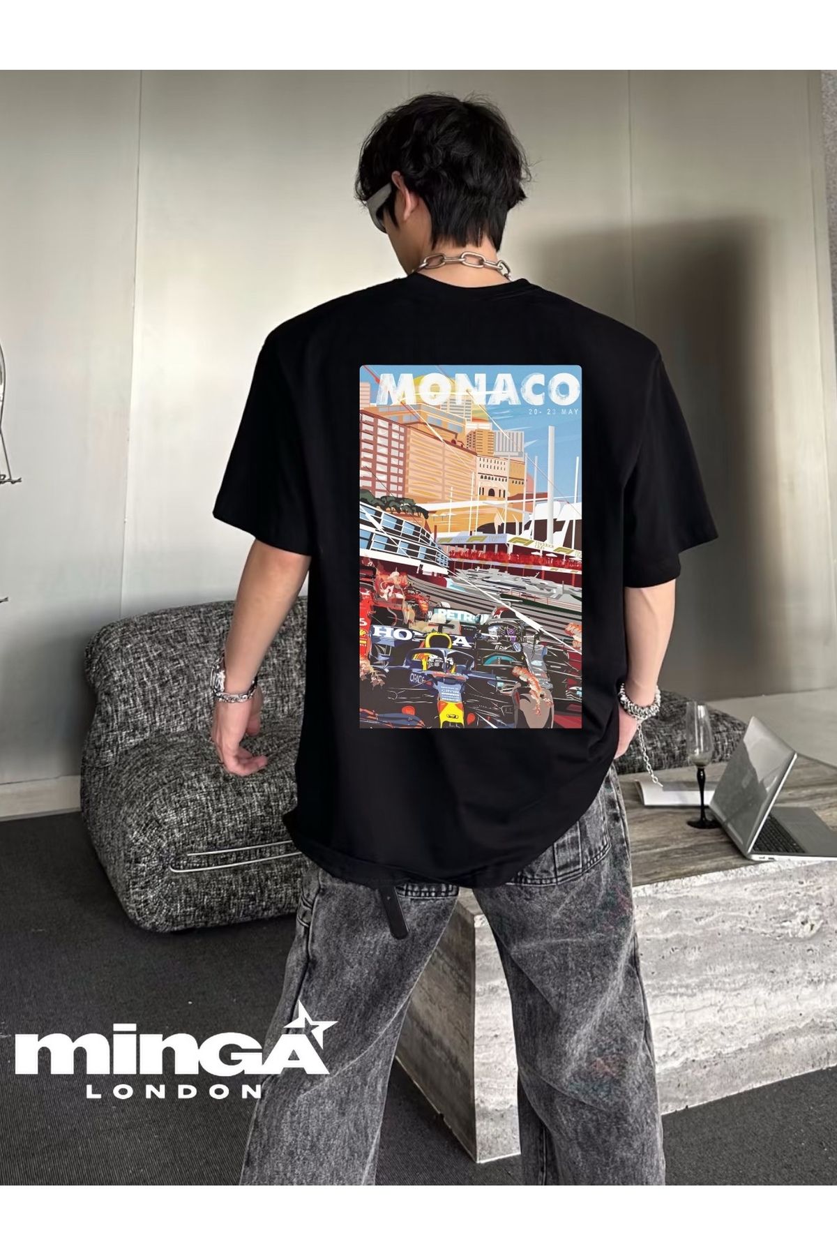 Minga London Racing Car Monaco Baskılı Siyah Oversize Unisex Tshirt- Minga London