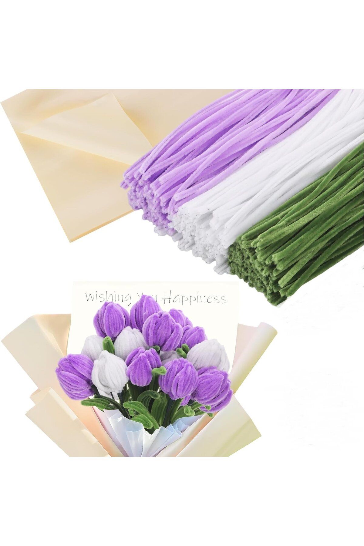 Hobialem 75 Adet Mor, Beyaz, Koyu Yeşil Renkli Şönil , Çiçek Yapım Seti, Tüylü Tel, 30 Cm, Peluş Tel