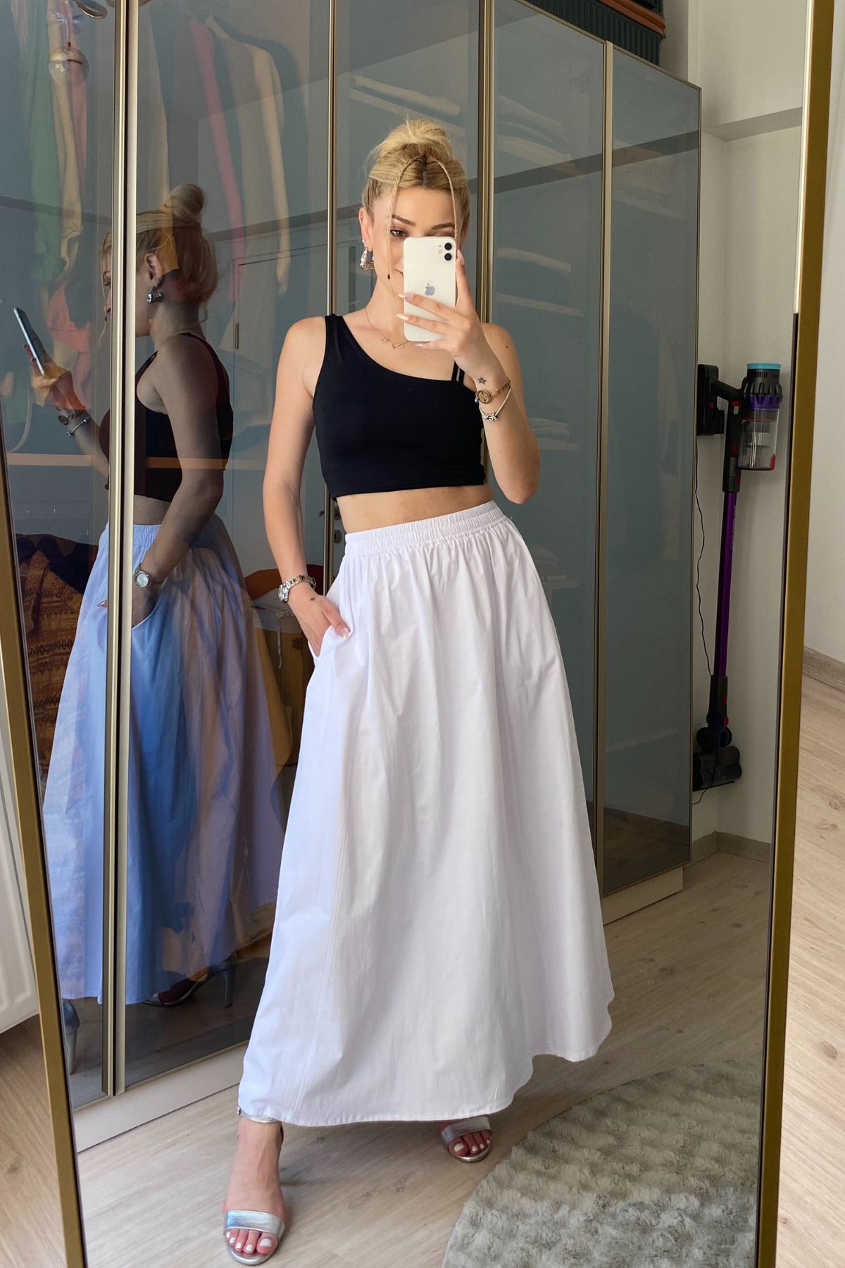 moddosa fashion CEPLİ BELİ LASTİKLİ UZUN POPLİN ETEK