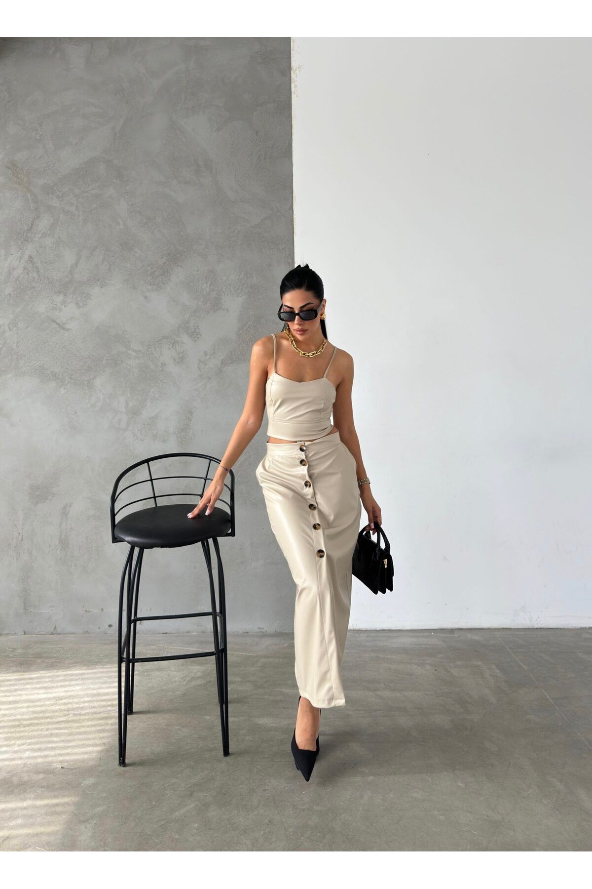 OLP Deri İnce Askılı Bej Crop