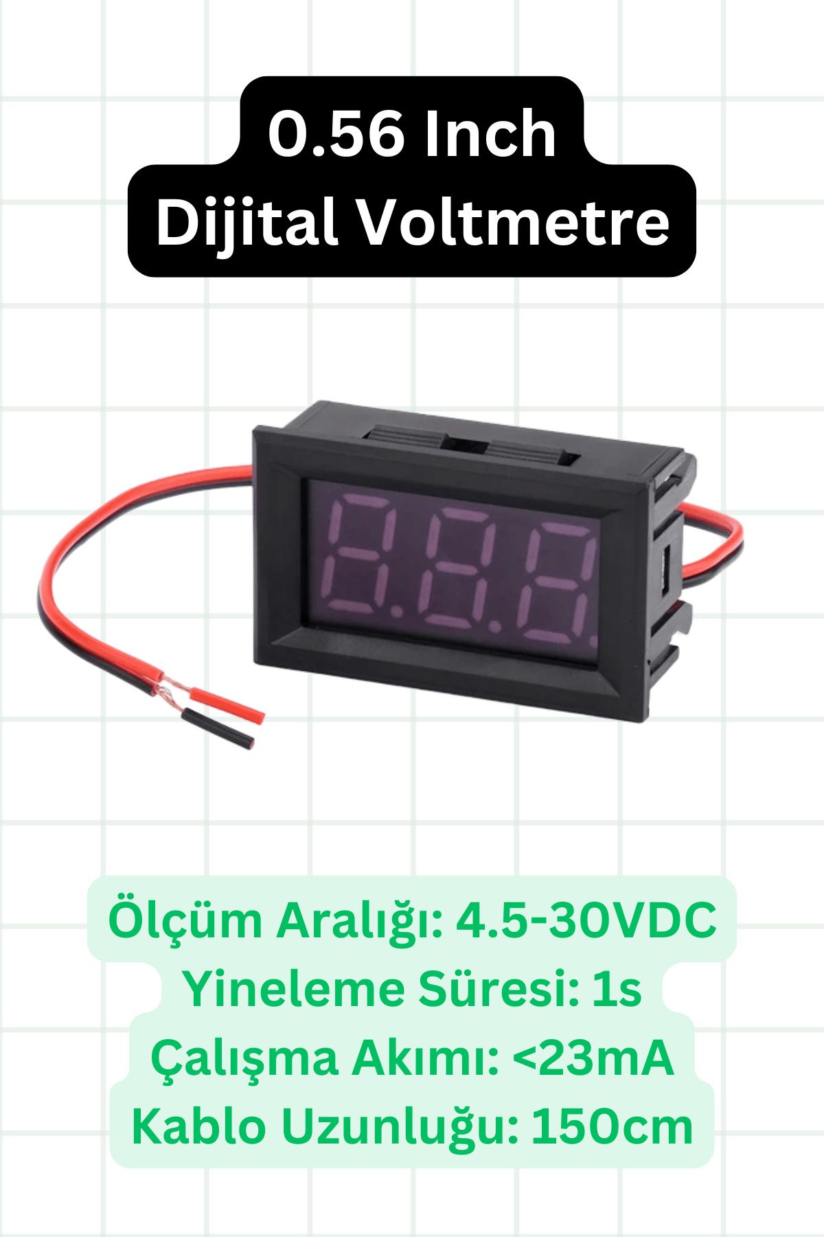 elektrik 0.56 İnç Dijital Voltmetre - 4.5-30VDC - Kırmızı LED Ekran