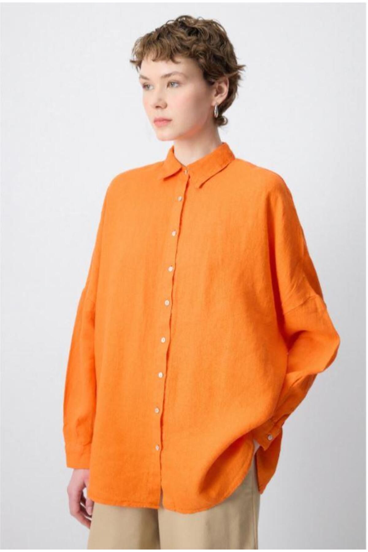 Touche %100 Keten T Kol Oversize Gömlek Turuncu