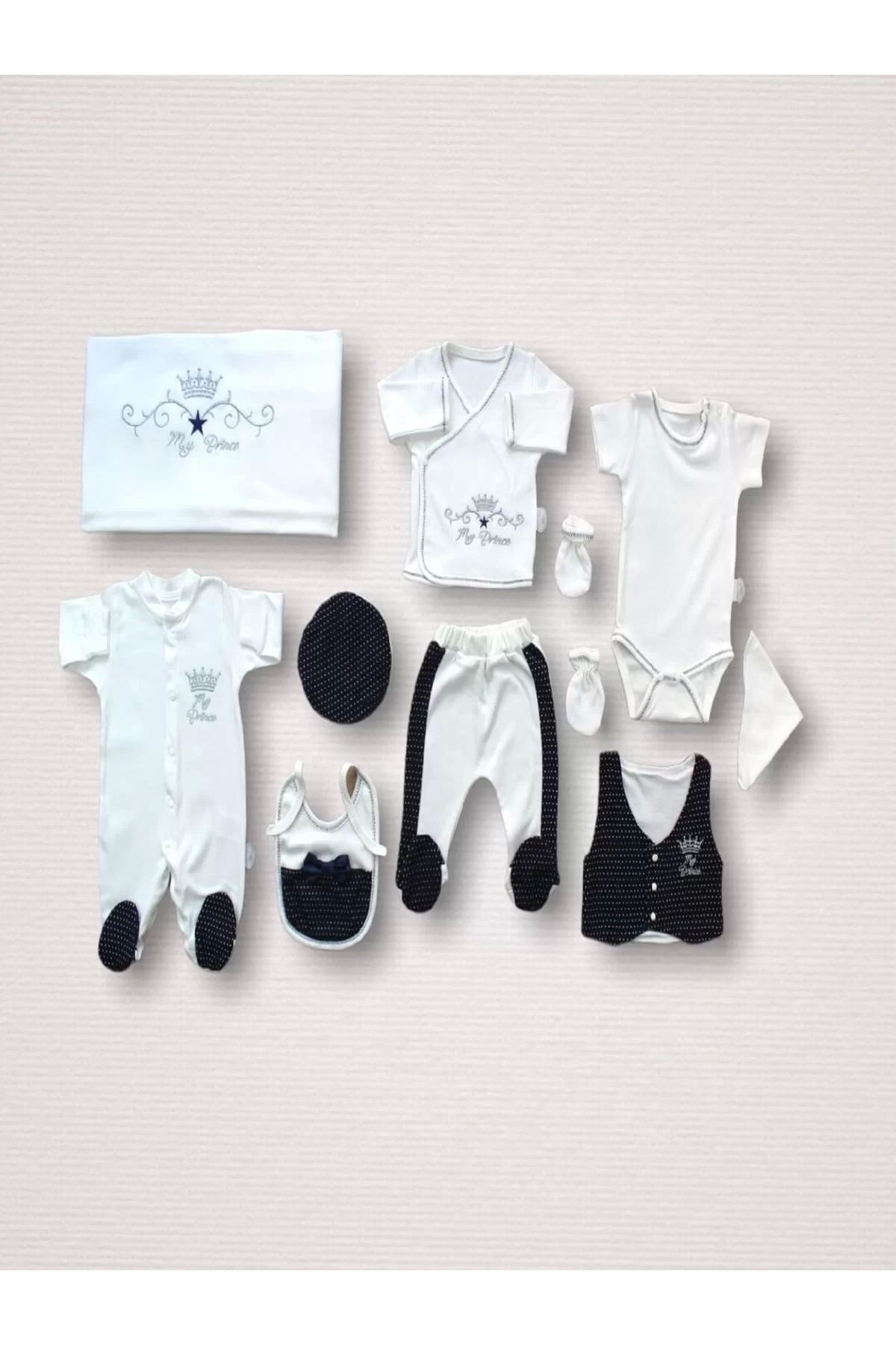 Haye Collection Süper Prens Nakışlı 10lu Yenidoğan Zıbın Takımı Hastane Çıkışı Lacivert