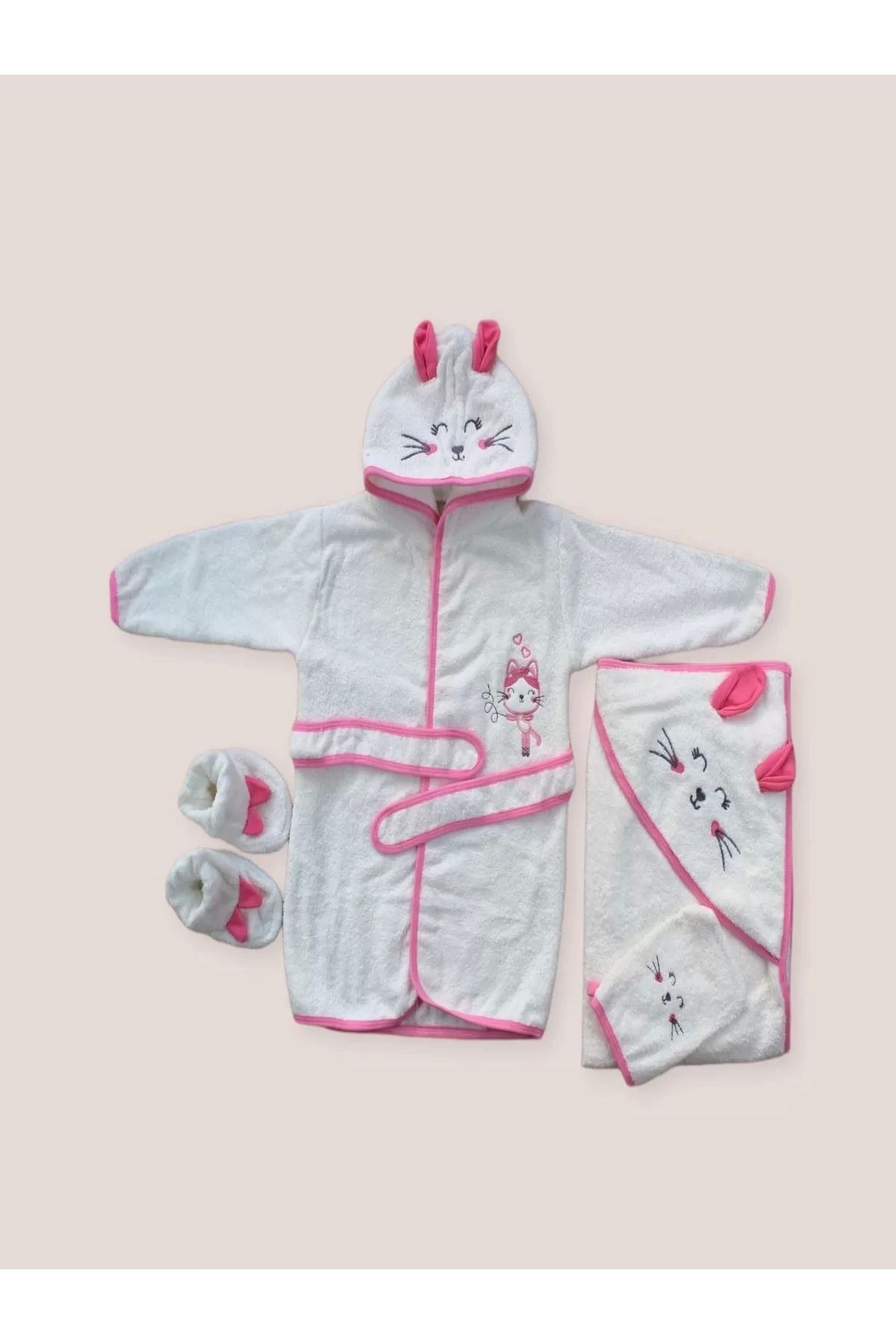 Haye Collection 0,6 Ay Kedicik Nakışlı Bornozlu 5li Kız Bebek Havlu Silgi Takımı Fuşya