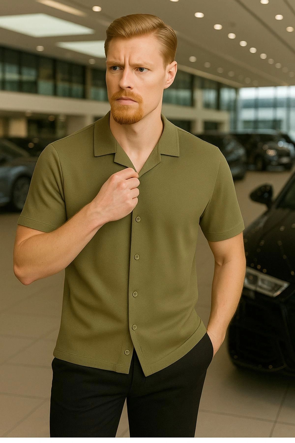 Store %100 pamuk premium kalite tarz yeni model düğmeli yakalı kısa kol dokulu gömlek