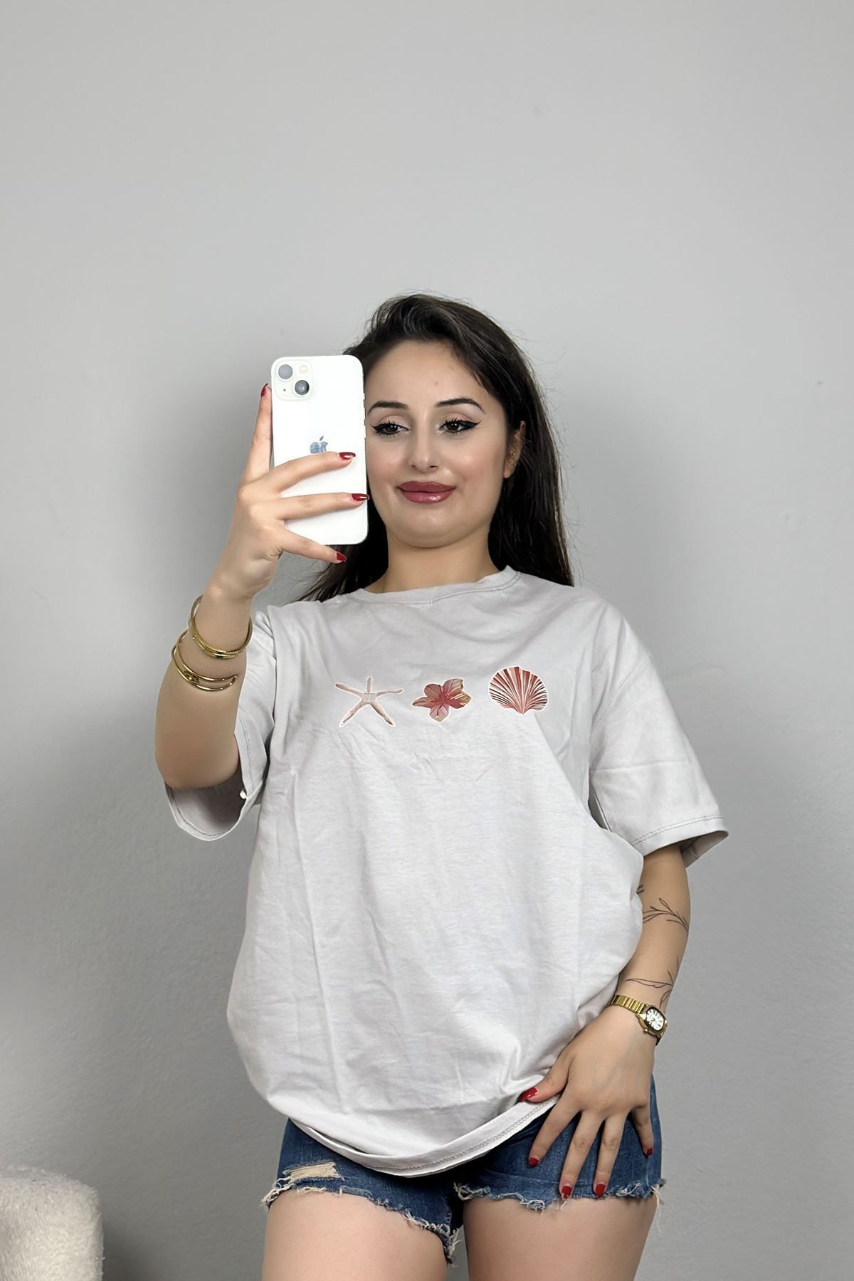 Fashi10 Lüx Penye Oversize Tişört Dumangri