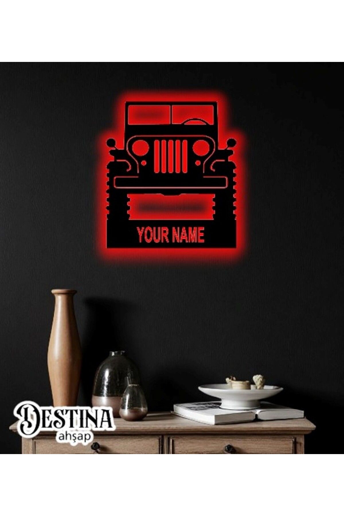 Destina Ahşap Jeep Temalı Kişiselleştirilebilir Led Tablo- Yazılı 45cm*55cm/Yazısız 45cm*45cm