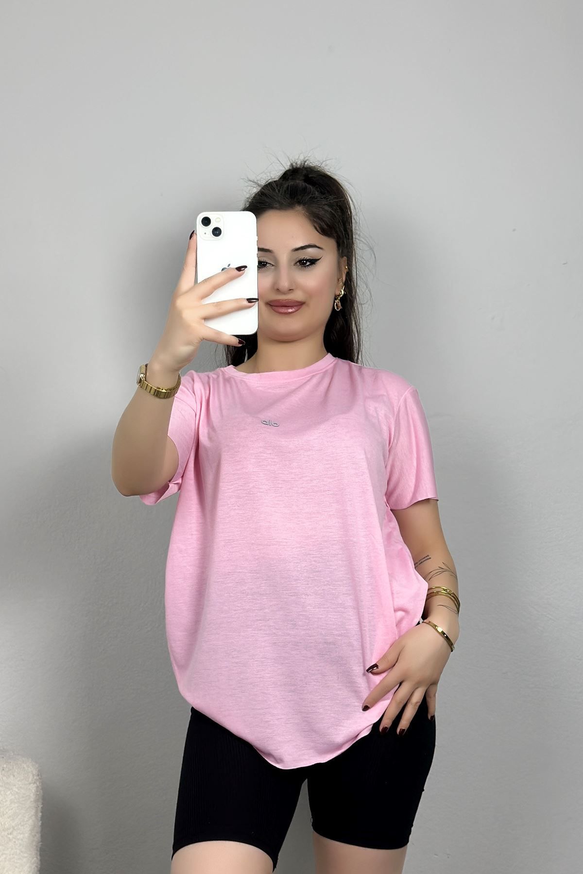 Fashi10 İnce Suprem Pis Dikiş Tişört Pembe