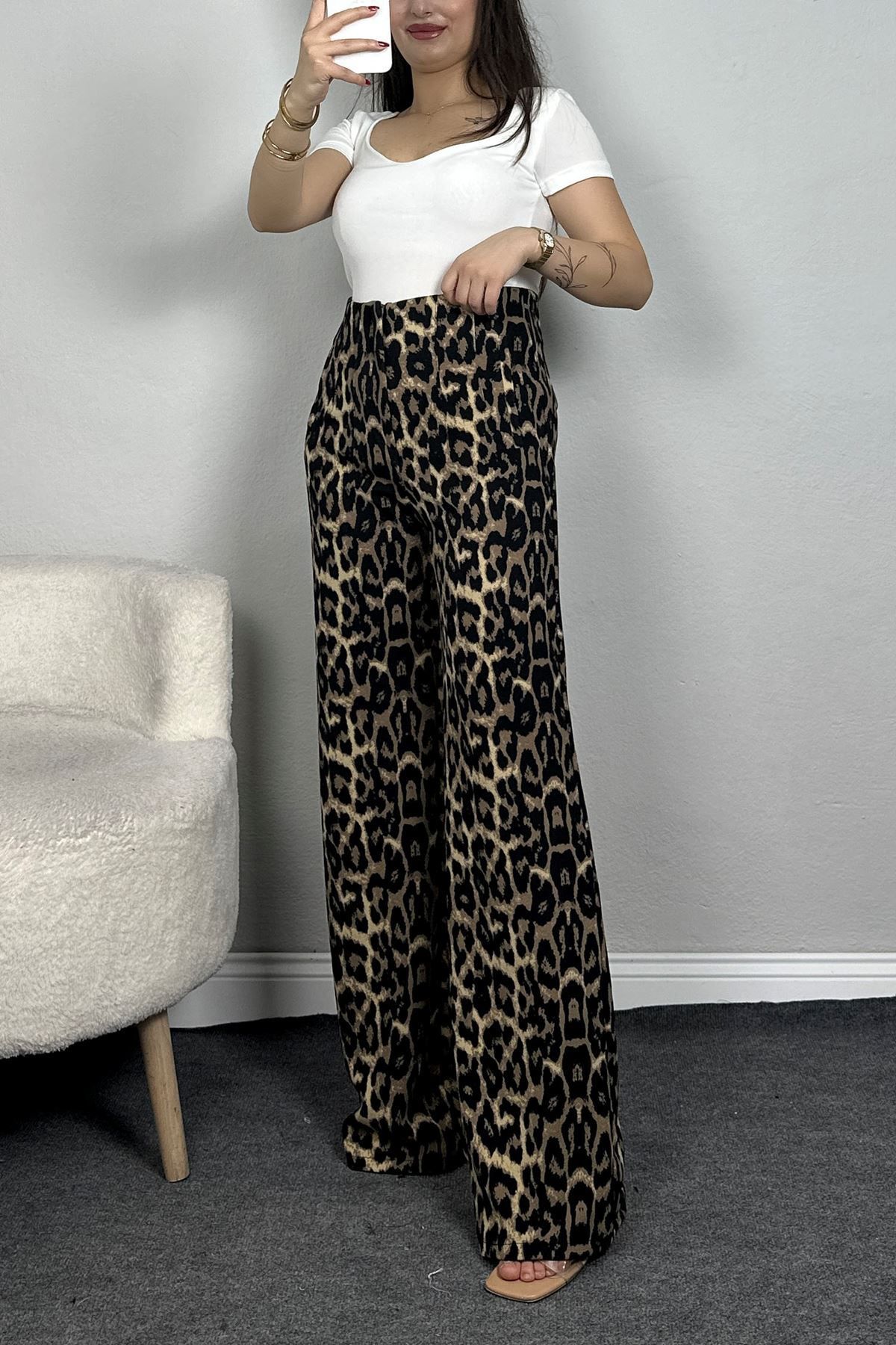 Fashi10 Zra Krep Palazzo Pantolon Leopar
