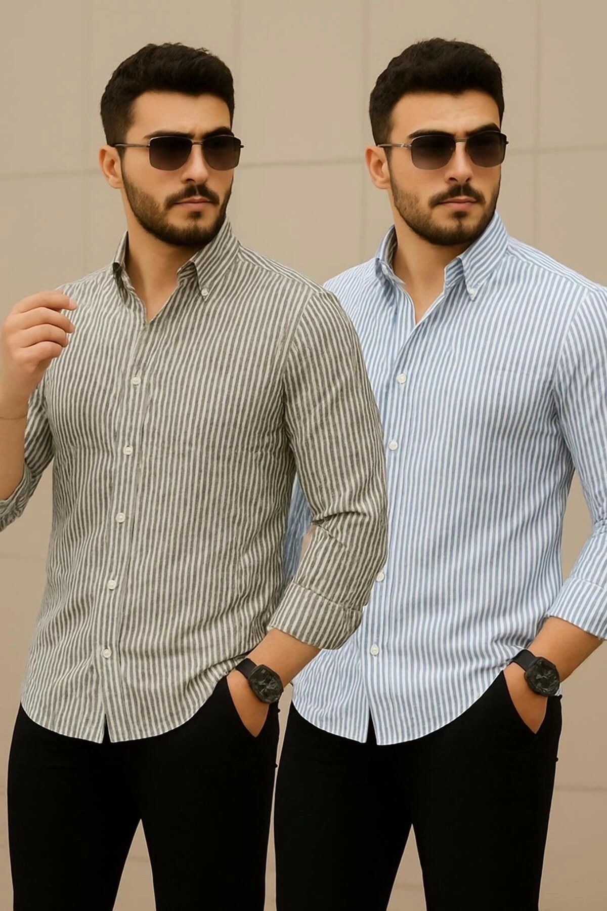 LC Waikiki LCWAIKIKI 2'li Keten Çizgili Slim Fit Şık Premium Kalite Düğmeli Pamuklu Erkek Gömlek Klasik ve Spor