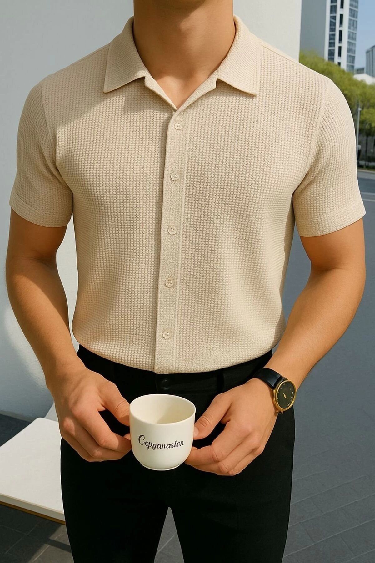 Store %100 Pamuk Waffle Kumaş Erkek Yazlık Düğmeli Kısa Kol Premium Gömlek