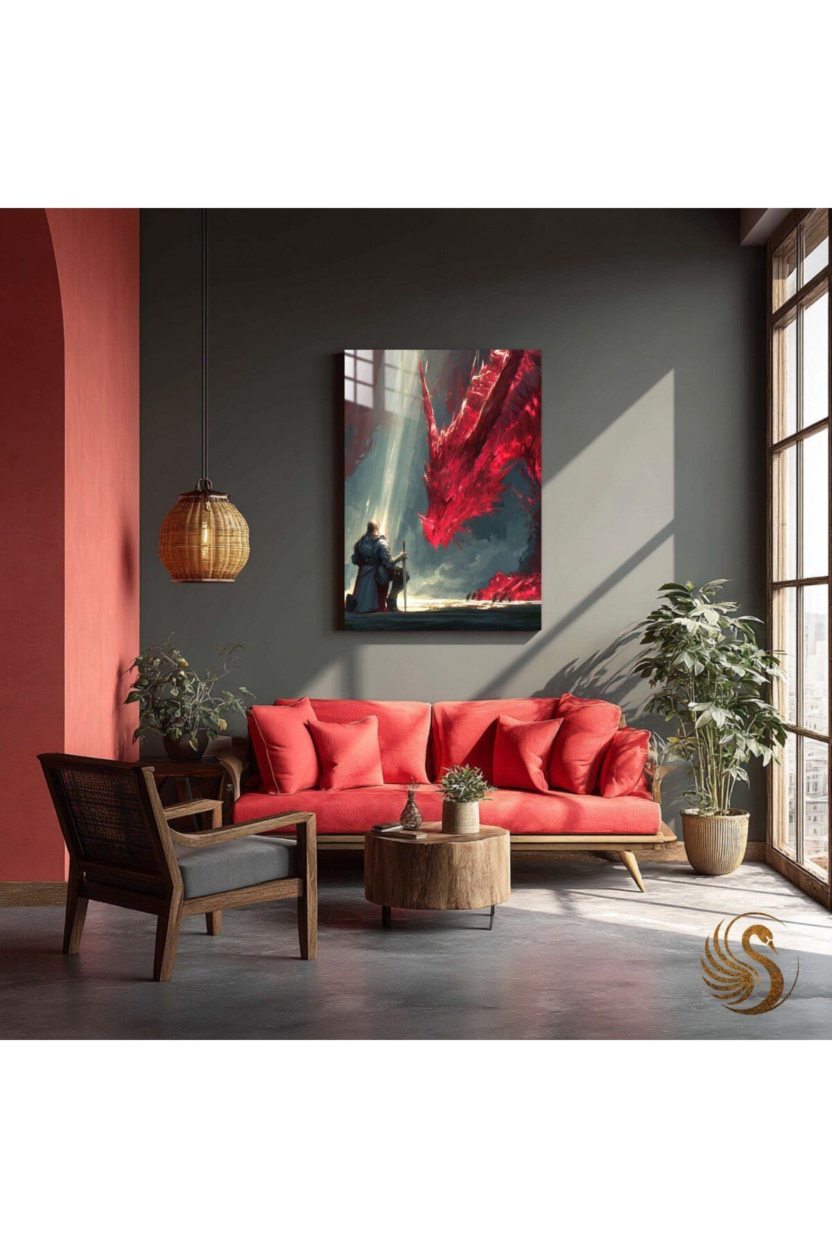 Lora Loom Metal Poster – Kırmızı Ejderha ve Şövalye | Fantastik Duvar Dekoru, Epik Orta Çağ Sanatı