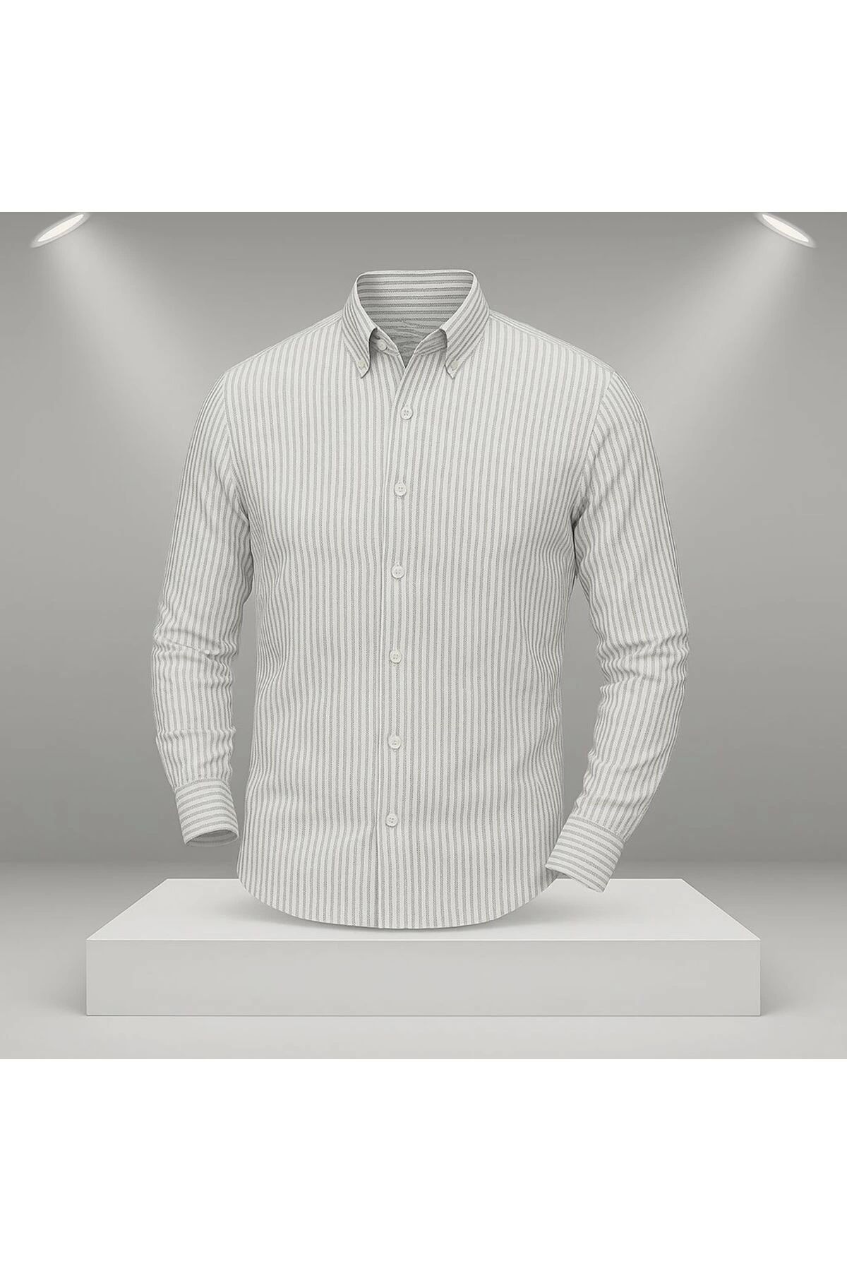 Store Keten Çizgili Slim Fit Şık Premium Kalite Düğmeli Pamuklu Erkek Gömlek Klasik ve Spor Giyim