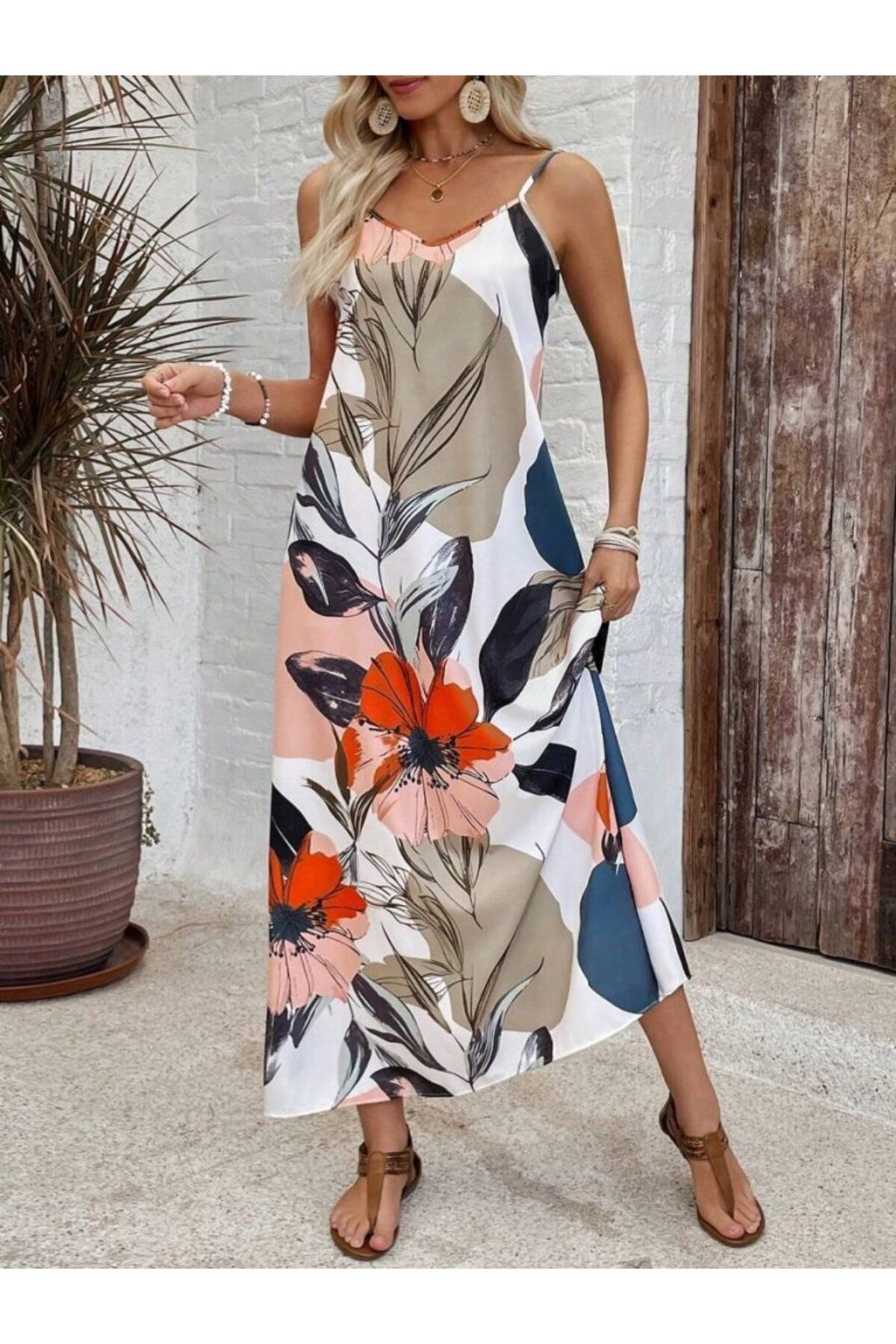 velmorafashion Kadın Ip Askılı Geniş V Yakalı Desenli Süprem Elbise