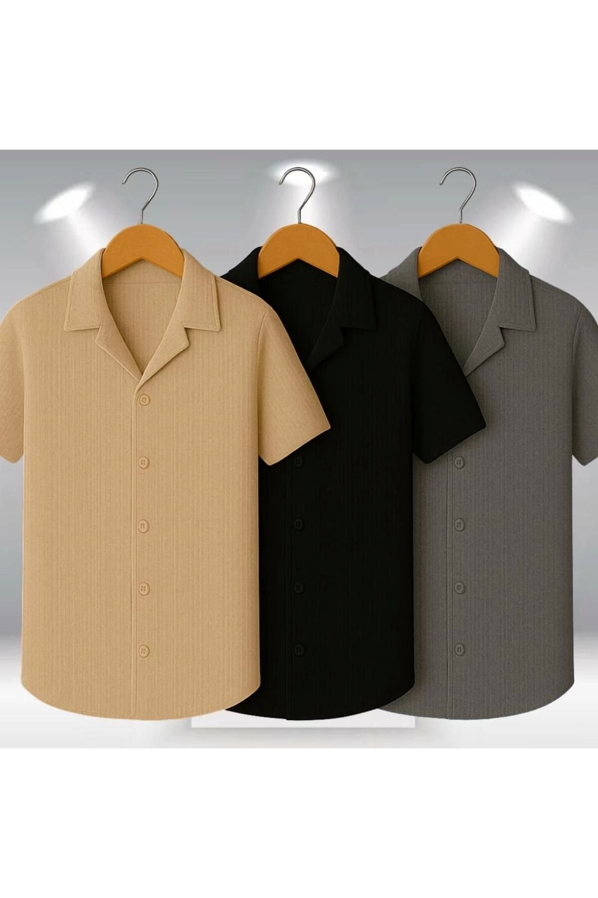 Store 3'lü Avantaj Paket %100 Pamuk Şık Premium Kalite Erkek Kısa Kol Yazlık Waffle Kumaş Gömlek
