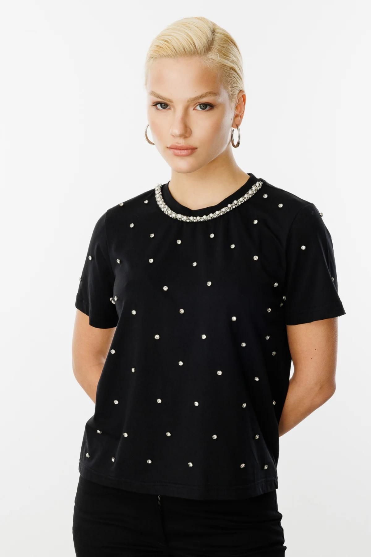 Onteks 56314 ONTEKS TAŞLI YAKASI İNCİ DETAYLI KISA KOL BLUZ