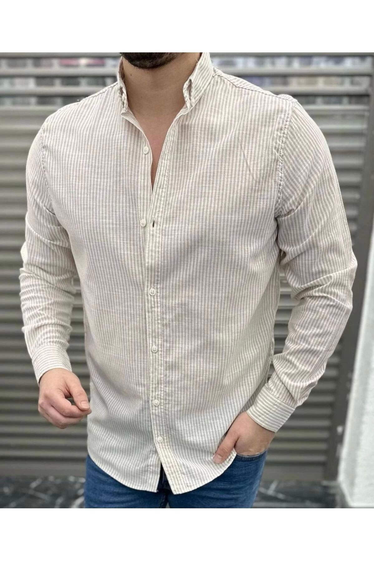 LC Waikiki LC WAI Keten Çizgili Slim Fit Erkek Şık Premium Kalite Düğmeli Pamuklu Erkek Gömlek Klasik ve Spor G